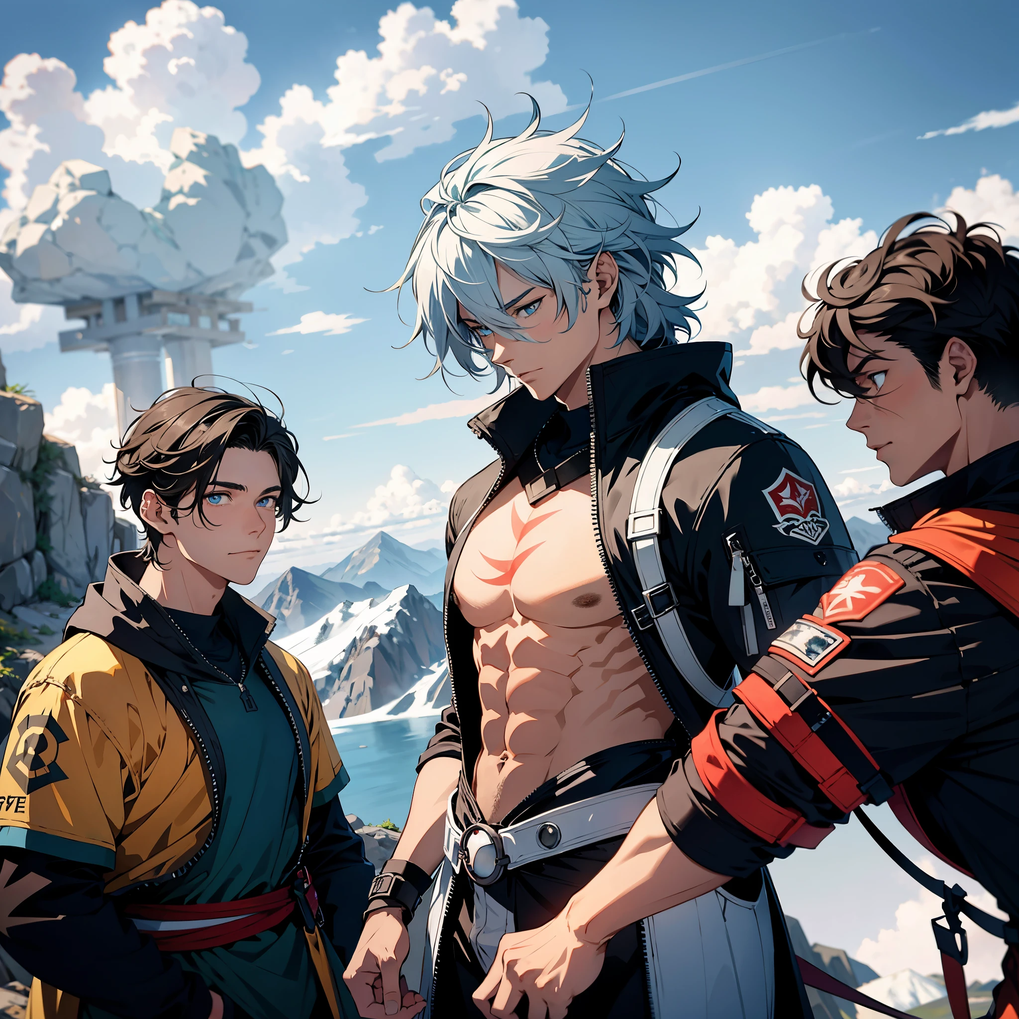 Three robust male friends congregate atop a mountain peak, their camaraderie radiating through the canvas. The strongest among them, boasting a chiseled physique and piercing blue eyes, exudes an aura of invincibility. Beside him stands the genius, his brow furrowed in thought as he gazes at the vast expanse before them. His eyes, bright and keen, are a window to his vast intellect. The third friend, the artist, completes the trio. He clutches a paintbrush in hand, his face etched with concentration as he captures the scenic beauty around them. Ultra-detailed mountain range, intricate textures in their clothing,