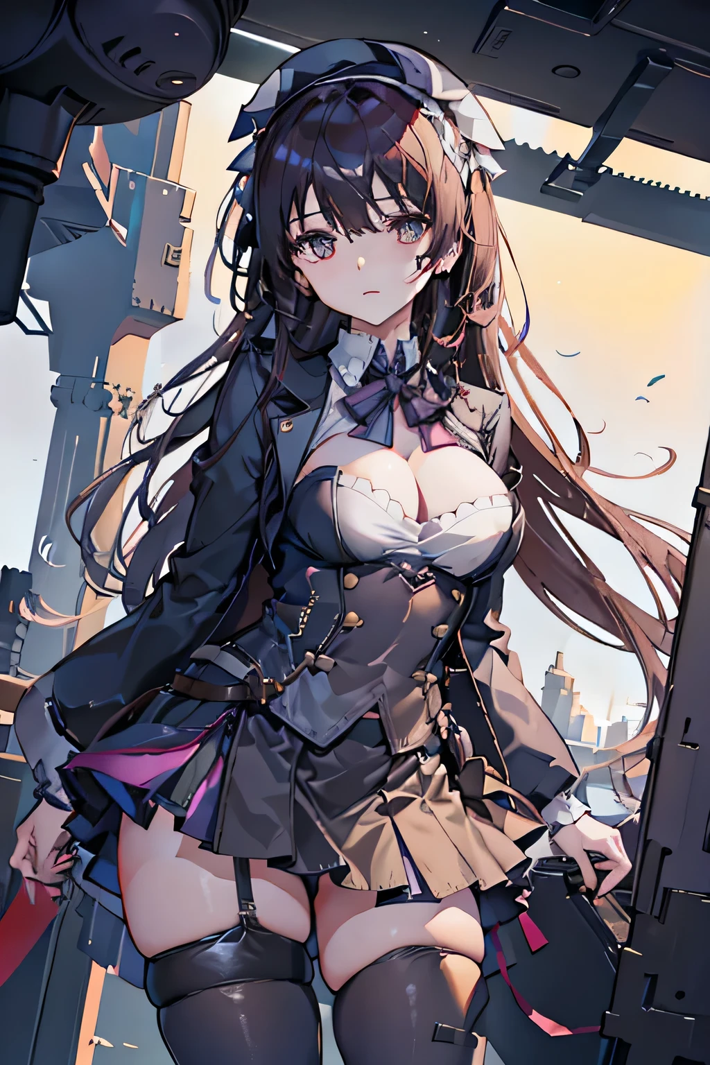 Arates on a plane with a woman wearing a skirt and stockings, bottom corner,,stockings and skirt,Low-Level View,, on the runway, cowboy shot, perfect angle, beautiful angle,