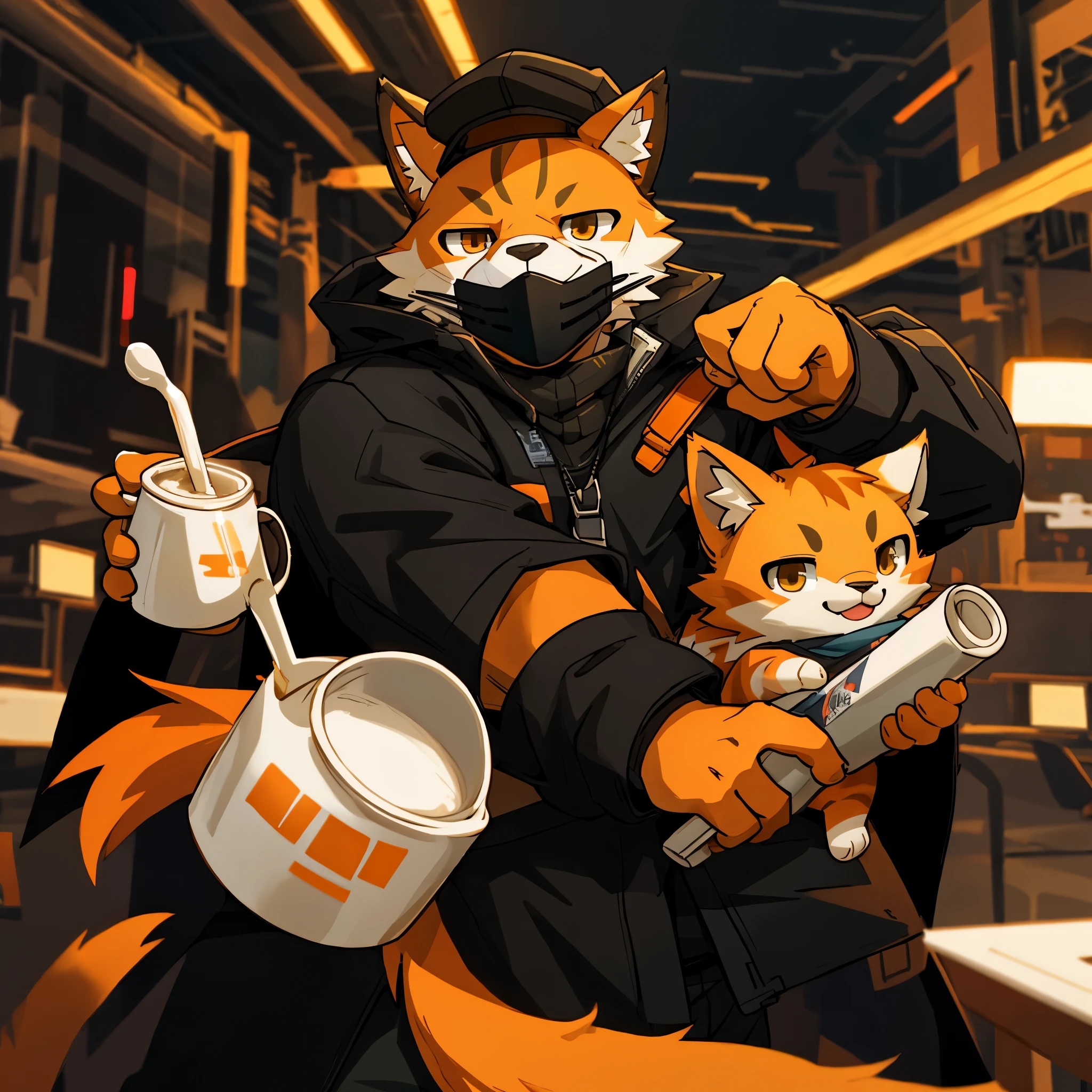 anthropomorphic character orange cat, holding milk tea in hand，look at the audience，black、blackのジャケット, mouth mask, bad boy, adorable, like, cute, 3D Drawing, light smile, hyper hd, masterpiece, Accurate, advanced details, high quality, Award-winning, 最high quality, High resolution, 16k,Rendering with Octane,