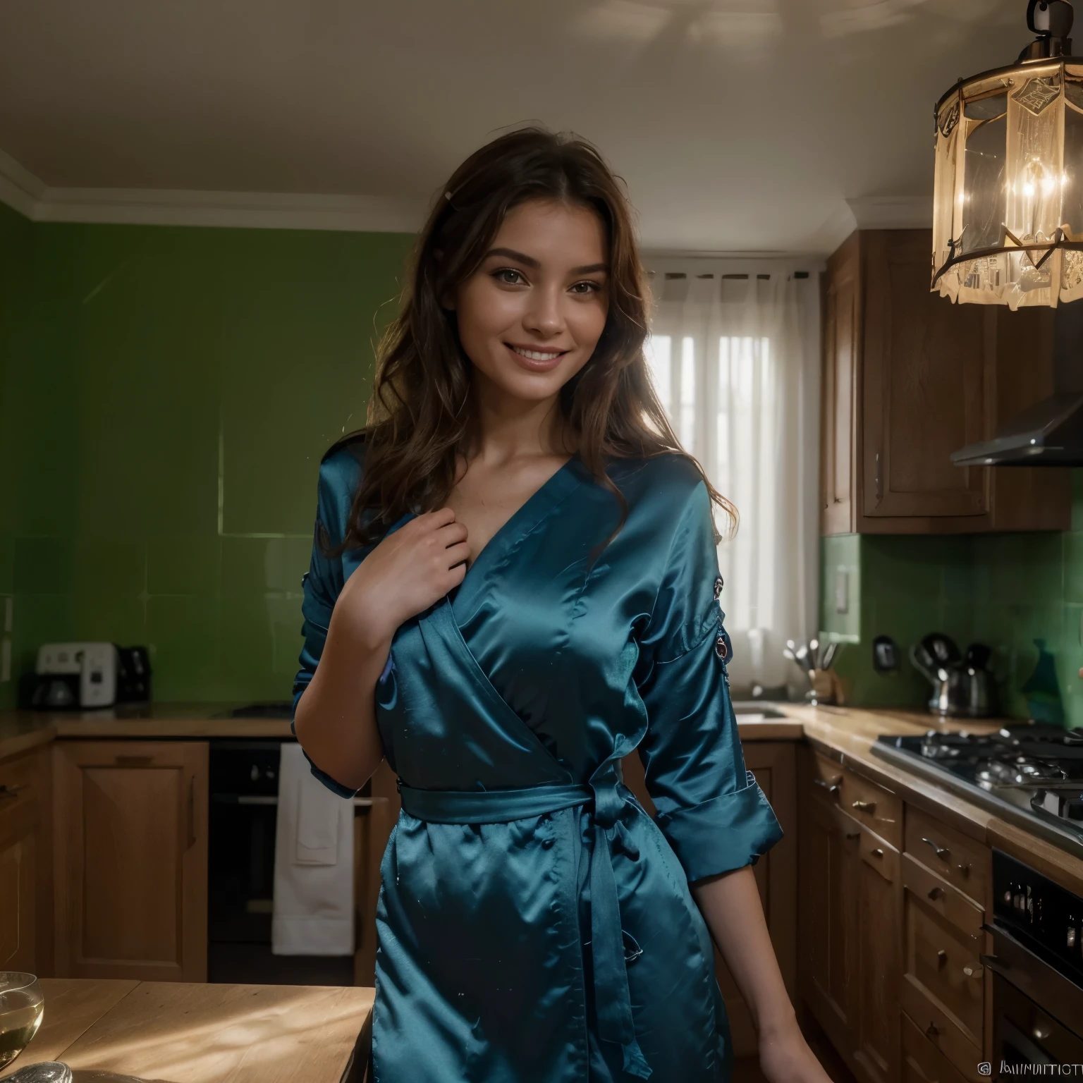 BRUT, analogique, Nikon Z 85mm,((best quality)), ((chef-d'artwork)), ((realistic)),image vintage, Beautiful French woman, 18 ans, ((longue robe)), ((dans sa maison )), ((porter une belle combinaison)), ((a genou au coin d'une cheminée)), ((couleurs de la combinaison vives)),((combinaison verte en satin), Grand sourire avec des dents visibles, (Rousseur:0.6), intricate details, Very detailed, mise au point nette, professionnel, 8K, Rayons divins, hand model, Superbes yeux bleus, , high resolution, detailed facial features, high detail, mise au point nette, lisse, extremely detailed, photo_\(ultra\), Photorealistic, realistic, Post-traitement, maximum detail, roughness, vrai vie, ultra realistic, Photorealism, 8K UHD, Lampe Semhouette, Visage russe, ((longues jambes))