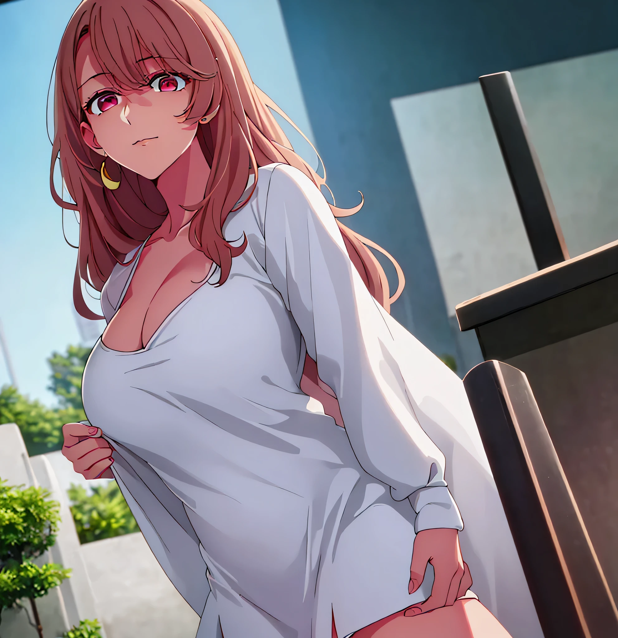 Simple White Background,
(White_jacket),(red_dress),(Deep_cleavage), long_sleeves,jewelry,collarbone, earrings,open_clothes,
pink eyes,light_brown hair,eyebrows_visible_through_hair,bangs,
1 girl, 20yo,Young female,Beautiful Finger,Beautiful long legs,Beautiful body,Beautiful Nose,Beautiful character design, perfect eyes, perfect face,expressive eyes,perfect balance,
looking at viewer,(Focus on her face),closed mouth, (innocent_big_eyes:1.0),Light_Smile,
official art,extremely detailed CG unity 8k wallpaper, perfect lighting,Colorful, Bright_Front_face_Lighting,shiny skin, 
(masterpiece:1.0),(best_quality:1.0), ultra high res,4K,ultra-detailed,
photography, 8K, HDR, highres, absurdres:1.2, Kodak portra 400, film grain, blurry background, bokeh:1.2, lens flare, (vibrant_color:1.2),professional photograph, 
(Beautiful,large_Breasts:1.4), (beautiful_face:1.5),(narrow_waist),