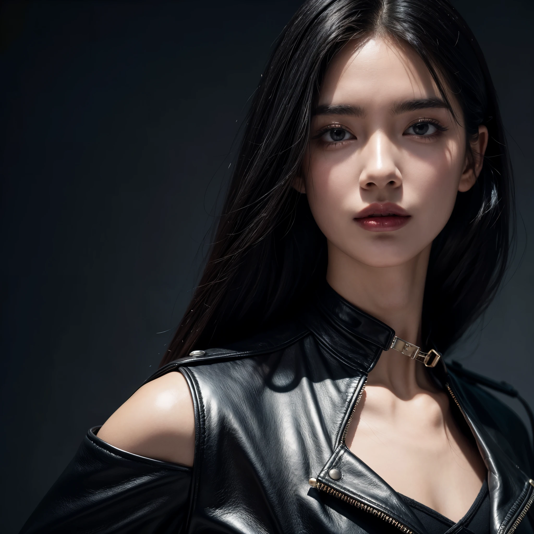 black hair, wearing a black leather jacket,skin glossy,Surrealism, 8k, super detail