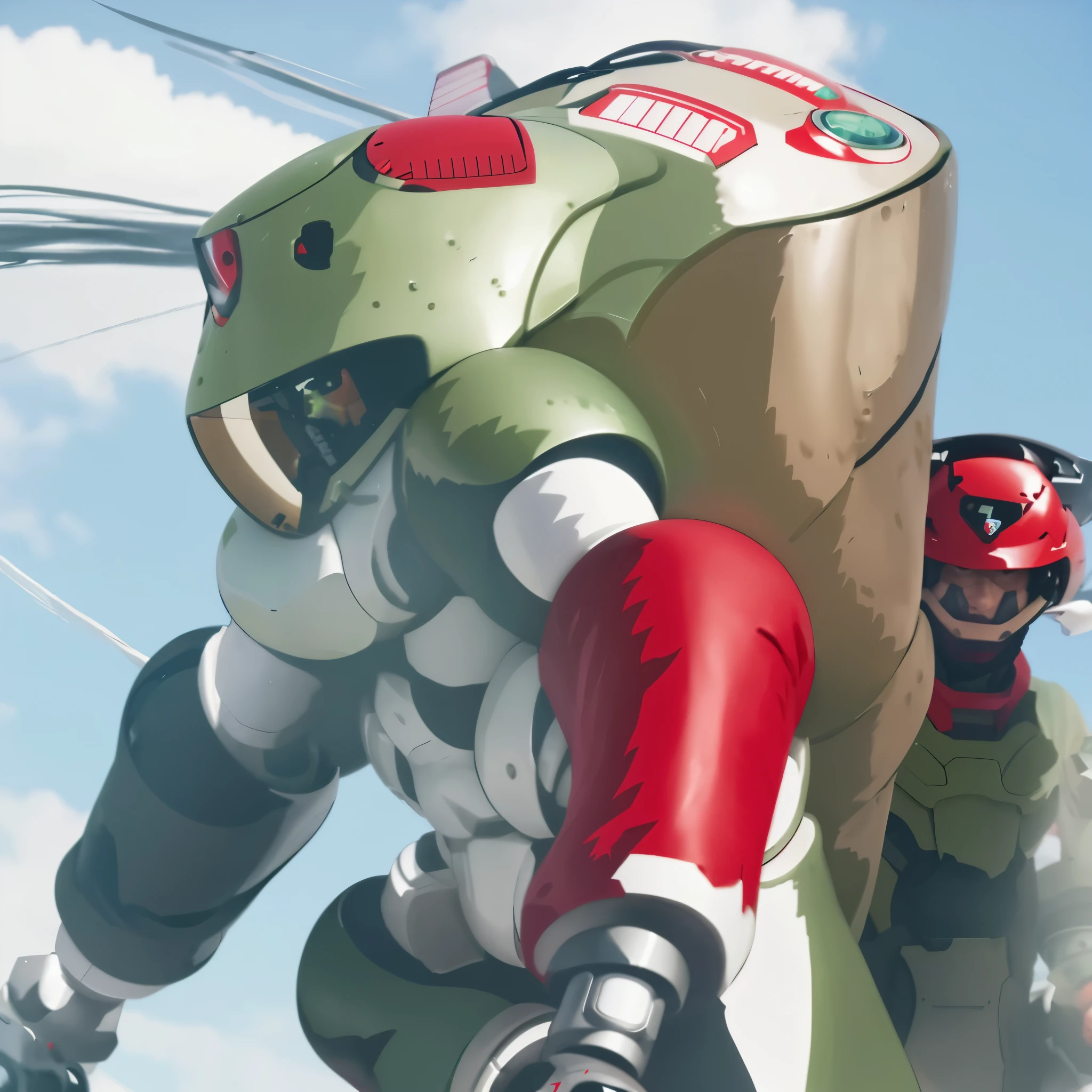 One wearing power armor、wearing a helmet、Anime scene of man holding gun, Otomo Katsuhiro, from Akira ( 1 9 8 8 ) style, Reiji Matsumoto, 艺术家 Otomo Katsuhiro, Kuro anime screenshots, animation《Ghost in the Shell》middle, style of red line anime movie, Anime large mecha, anime mecha,3D rendering effect,Realistic effect,Army green paint