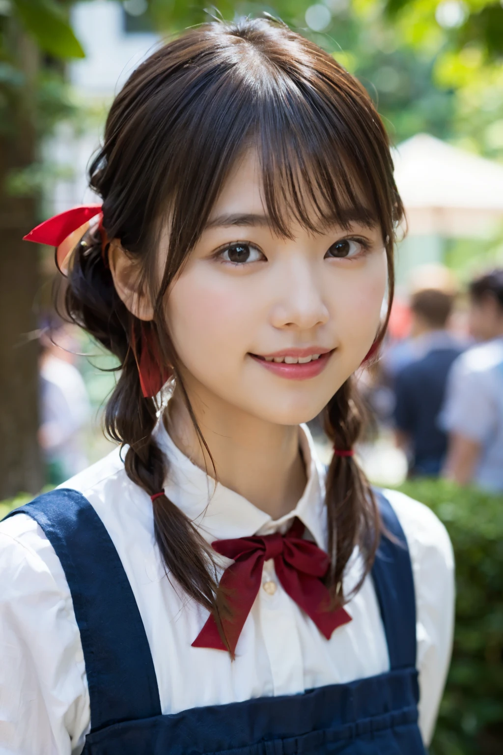 (8K、Raw photography、top-quality、​masterpiece:1.2)、(realisitic、Photorealsitic:1.37)、ultra-detailliert、超A high resolution、1 girl、see the beholder、beautifull detailed face、A smile、Constriction、(Slim waist) :1.3)、Beautiful detailed skin、Skin Texture、Floating hair、Professional Lighting、Whole human body、a blond、japanese hight school uniform、hi-school girl、School route、autumnal、Colored leaves、Red ribbons、Bob Hair、Happy smile、Suppin、Pigtails hairstyle、Braids、pinafore、cooking a