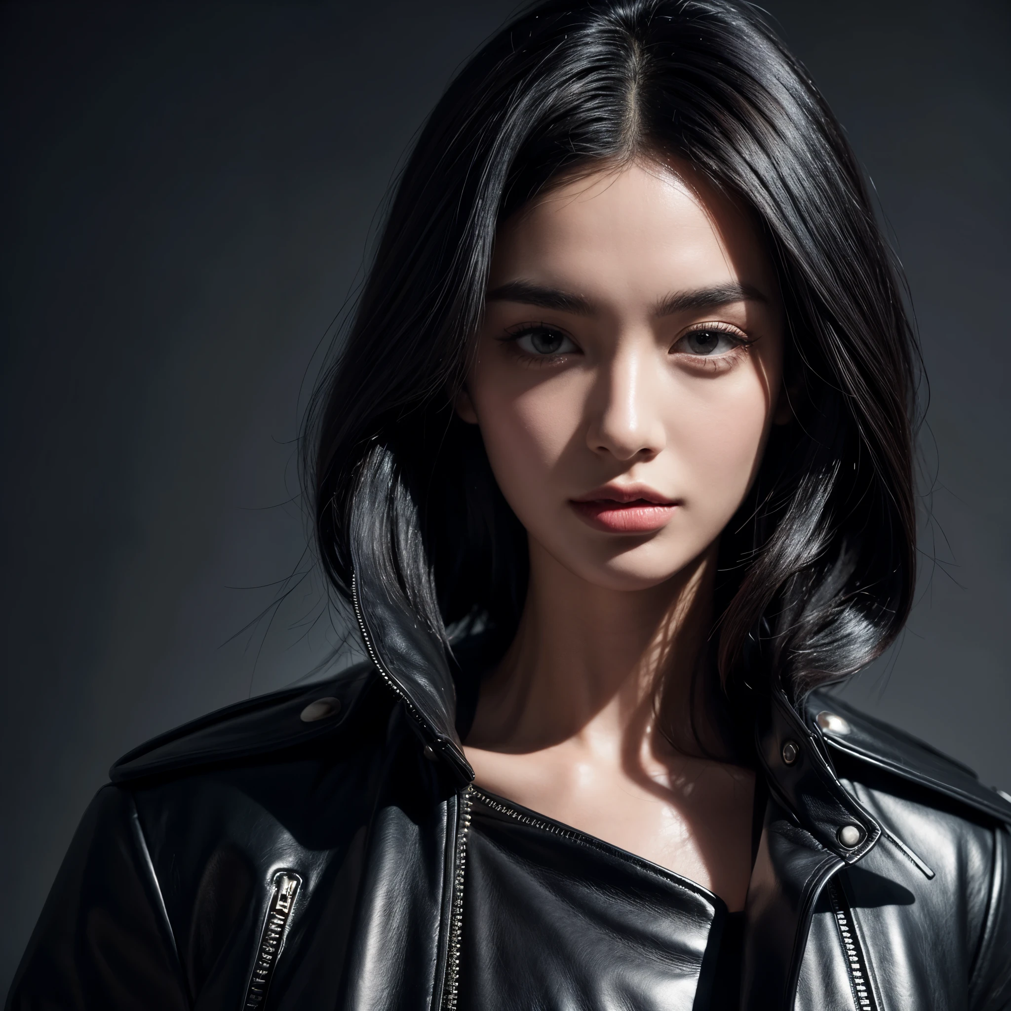 black hair, wearing a black leather jacket,skin glossy,Surrealism, 8k, super detail