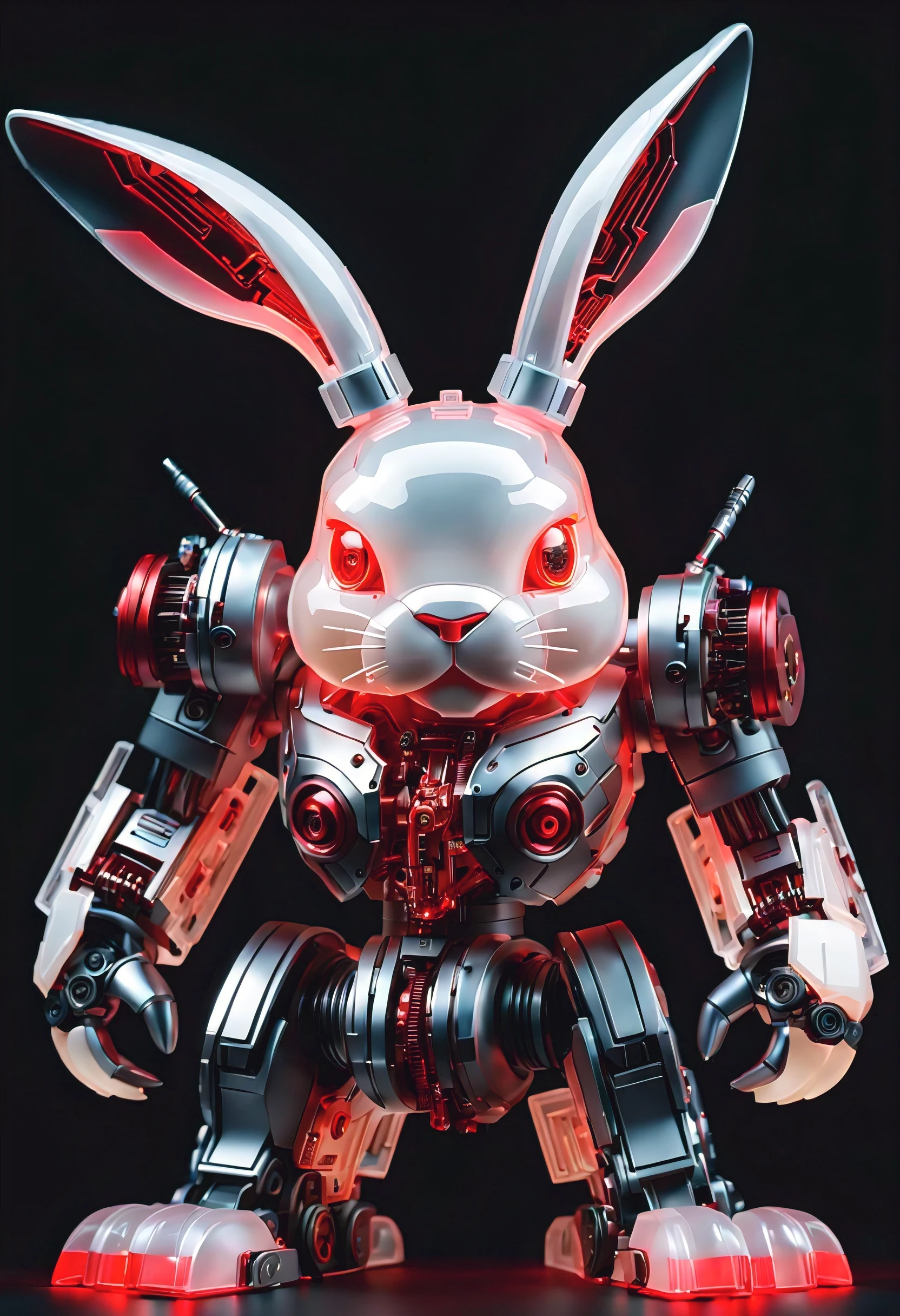 (Blind box toy style:1.2),personification, full view,Pure black background, huge (translucent machinery:1.2) Rabbit head contains a lot of electronic components, Luminous electronic eye. The mecha stands on the ground in a fighting posture. White and red color scheme.(Ray tracing, Well-designed, high detail, masterpiece, best quality, ultra high definition)