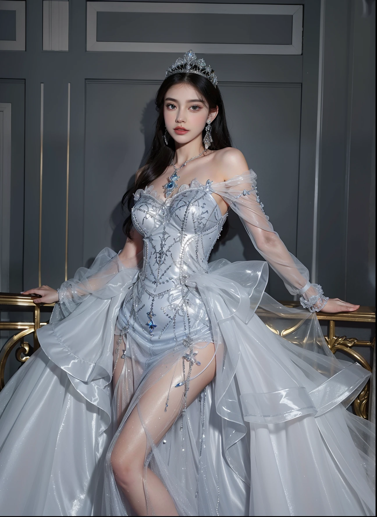 Royal sister,exquisite eyes,Detailed facial expressions body,tall figure,Leg length,4k,HD,translucent lace,Fair and plump figure,pretty face,Little cherry mouth,beautiful and delicious(3D royal sister),exquisite dress,Wear crystal jewelry,Gorgeous crystal gems,Gem and jewelry crown,The color of the picture is very bright,Gorgeous ice and snow princess,