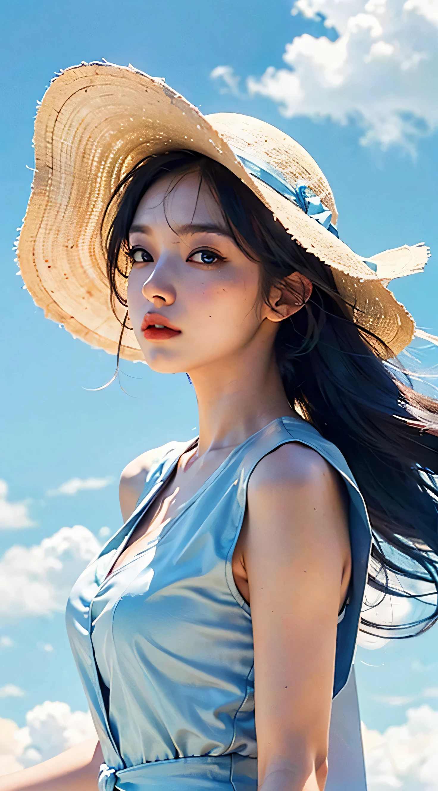 (8 thousand, RAW photos, photorealistic:1.25, masterpiece) ,( lip gloss, Eyelashes, glossy side, glowing skin, best quality, ultra high resolution, depth of field, chromatic aberration, caustic, wide light, natural shadows, have, kpop idol) ,Light pink and blue style, 1 woman, (blue sky: 1.5), tall, thin, beautiful goddess, flowing dress, conservative girl, cloud goddess, flowing white cloth, Wearing a flowing dress, realistic, (background with blue sky and white clouds: 1.4), (wind: 1.5), (whole body: 1.5), add_Detail,