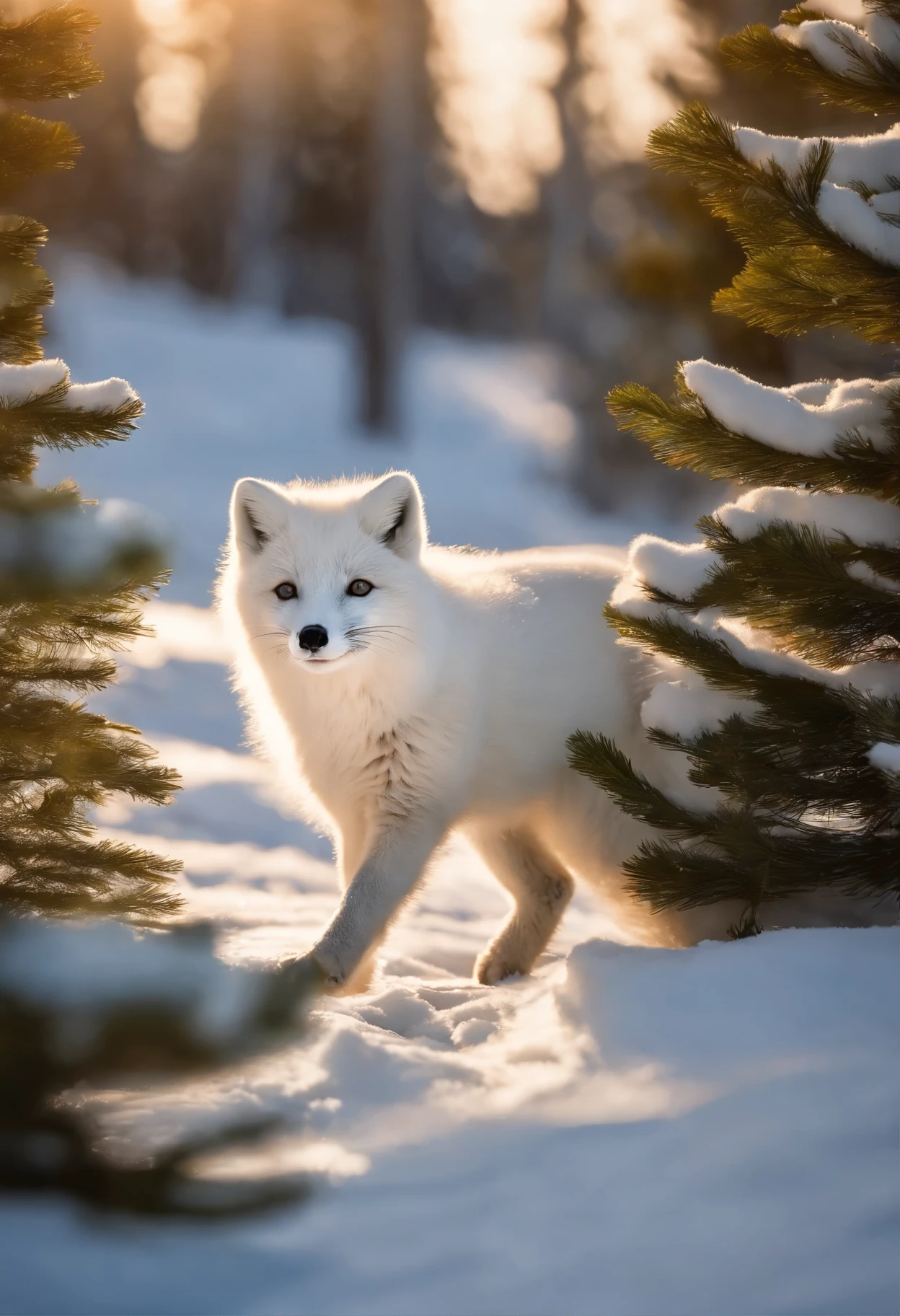 An arctic fox playfully frolicking in the pristine snow, with its fur glistening silver under the sunlight, set against a tranquil snowscape with a row of elegant snow-covered pines in the background, high-definition image, quality photograph, lifelike rendering, vivid colors, sharp details, in the style of National Geographic.