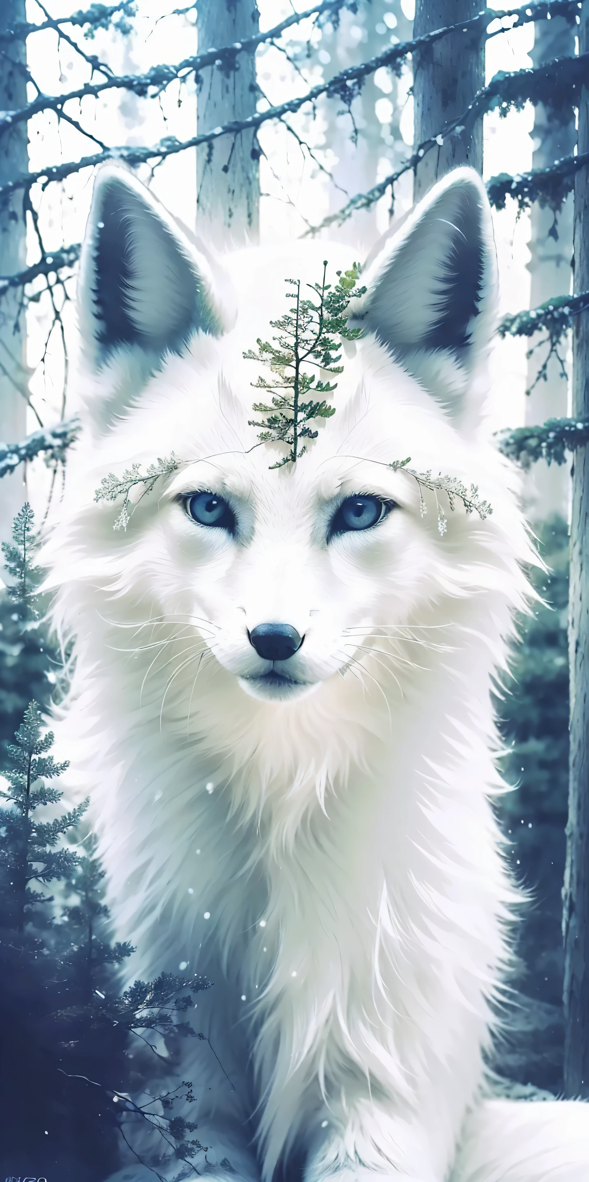 (masterpiece, best quality, super detailed, lifelike), Deep in the snow-covered forest.white arctic fox.