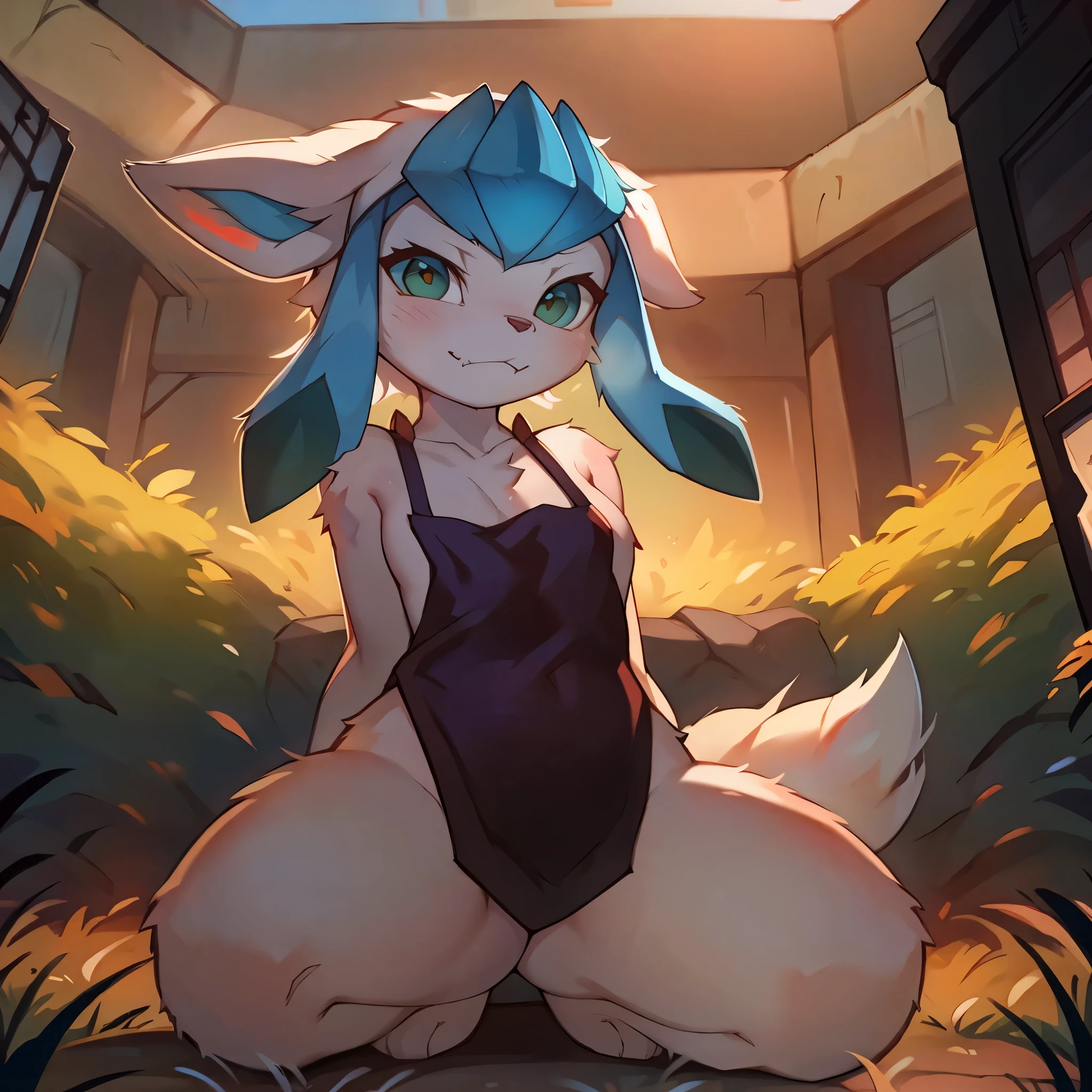 outdoor, bedroom,in the grass,  ((((apron))))(chibi),(((Flirting)))
 ((Glaceon)), [[light blues_body, Sharp_tail，Light blue hair]],blue, (((quadruped, feral, canid, canine))), hind_limbs, (pink_pawpads:1.2), (animal_legs, animal_hand:1.2)
solo, looking_at_viewer
spread_legs, on_back
best_quality, hi_res, masterpiece, absurd_res
Highly_detailed, 4k, high_detail, detailed_background
uploaded_on_e621, (by_Hioshiru:1.2), (by_Ancesra:0.6), (by_Kekitopu:0.6), (by_kikunyi:0.6), (by_Syuro:1.2), (by_Doxy:0.6), (by_youjomodoki:0.6), by_dacad, (by_reysi:1.2), by_zinfyu, by_pata, by_chunie, by_dr.bubblebum