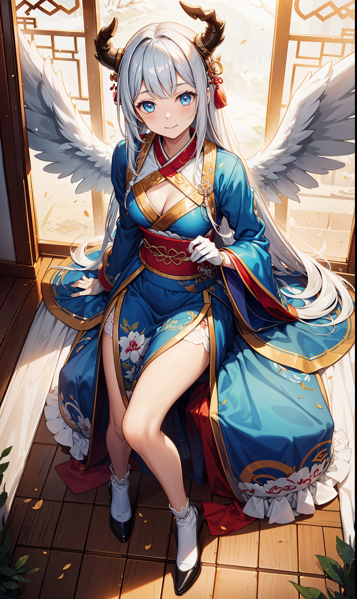 saints,Elegant and charming,having fun,in love,(Transparent white Hanfu,Sophisticated and gorgeous design,from fantasy world),black gloves,silver hair,blue eyes,see through transparent clothes,Exquisite hair accessories,Transparent lace,Sky blue pattern,dress nicely,The background is a huge magical city,night,Carved suspender boots,Super super details,Divine magic,light particles,Exquisite and beautiful face and eyes