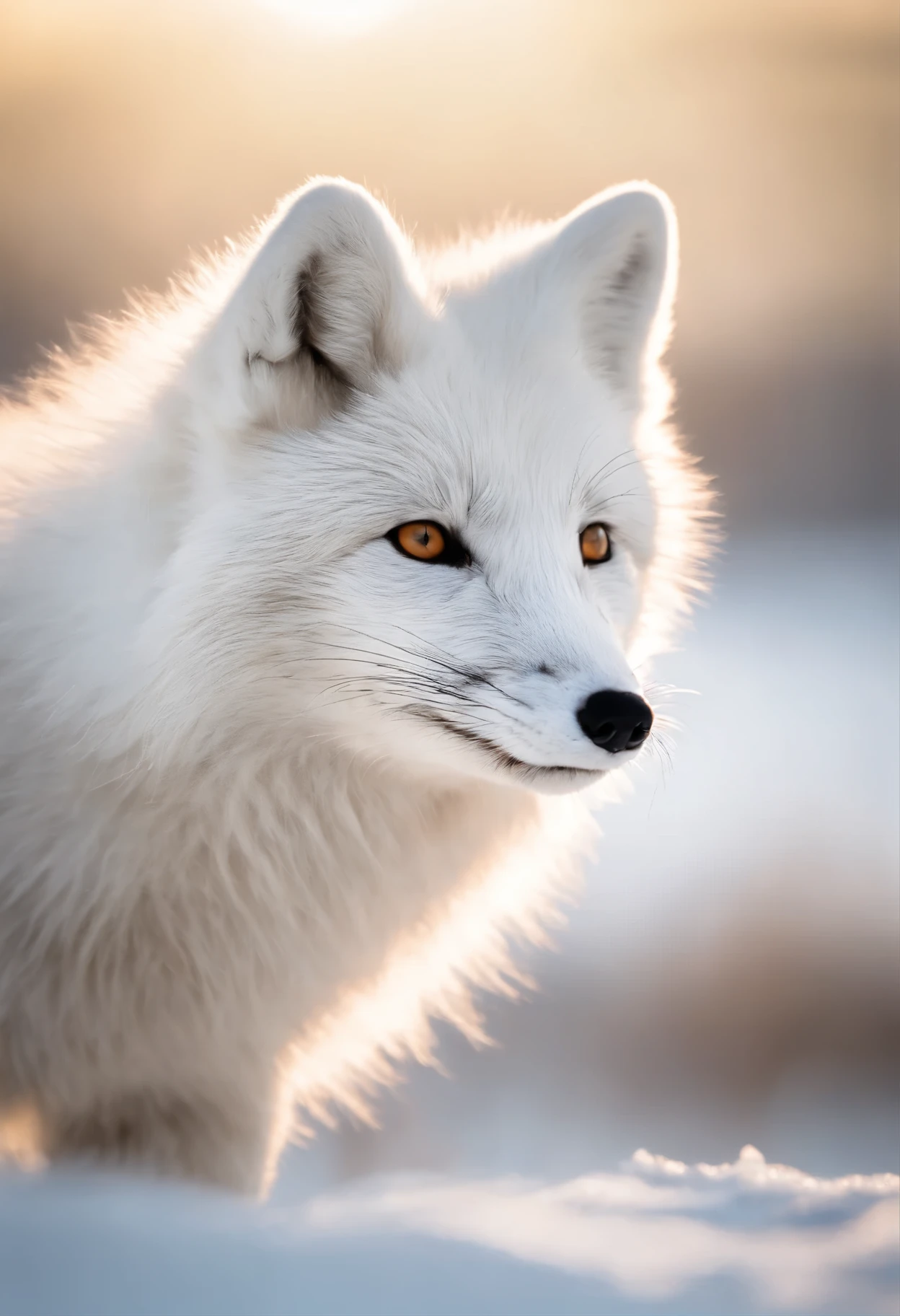 A male arctic fox, joyfully playing in a pure white snowy field. The sunlight shines on its fur, creating a dazzling silver-white shine. Surrounding the fox is a tranquil snowy landscape, with a row of neatly arranged snow-capped pine trees behind it, adding a beautiful backdrop to the scene. The high detail, ultra-quality, high-resolution, 1080p image captures the unique charm and natural beauty of the arctic fox. The fox's furry tail and sharp claws are particularly eye-catching. Its grey skin, grey ears, and golden eyes add many unique features to this arctic fox. Alone in the snow, the fox plays freely, exuding a sense of both solitude and .