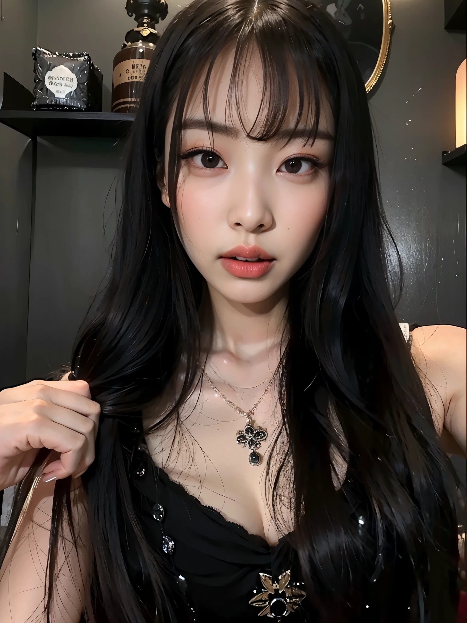 un primer plano de una mujer con cabello largo y negro que llevaba un vestido negro, cruel korean gothic girl, ella tiene el pelo negro con flequillo, con pelo largo y ojos penetrantes, ulzzang, pelo cortado hime negro, pelo largo y negro con flequillo, pelo largo y oscuro con flequillo, muchacha coreana, cabello con flequillo negro, pelo largo con flequillo, flequillo negro