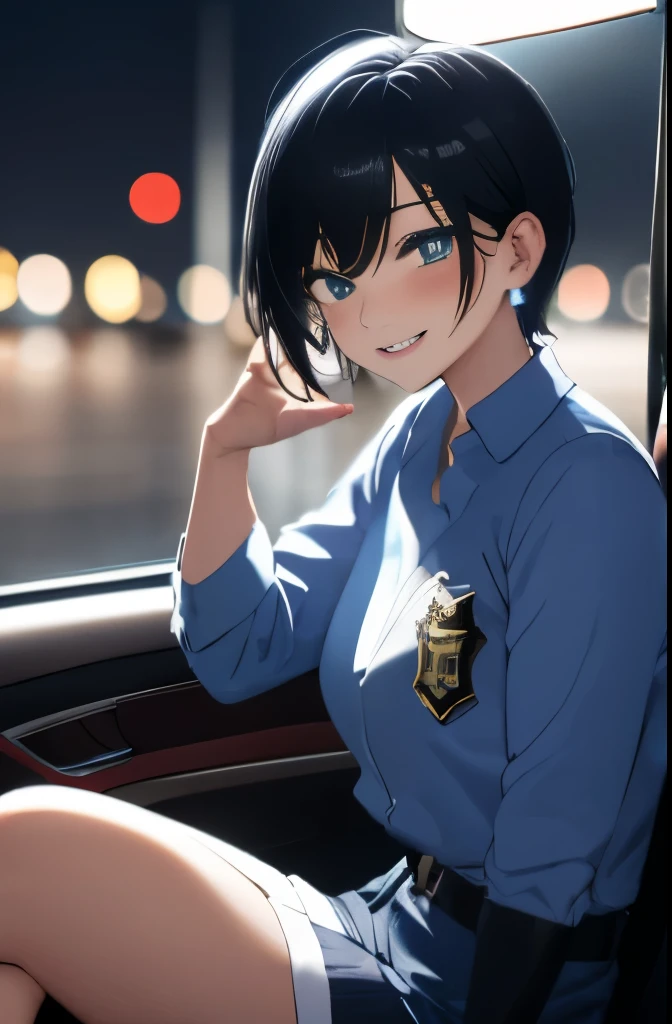 masterpiece, absurdres, perfect lighting, highres, best quality, 1girl, carinterior, police officer, blue clothes, handcuffs, night, flashing lights, black hair, shout,sitting, faster, speed, tokyo, steering wheel, from side, blush, smile, holding