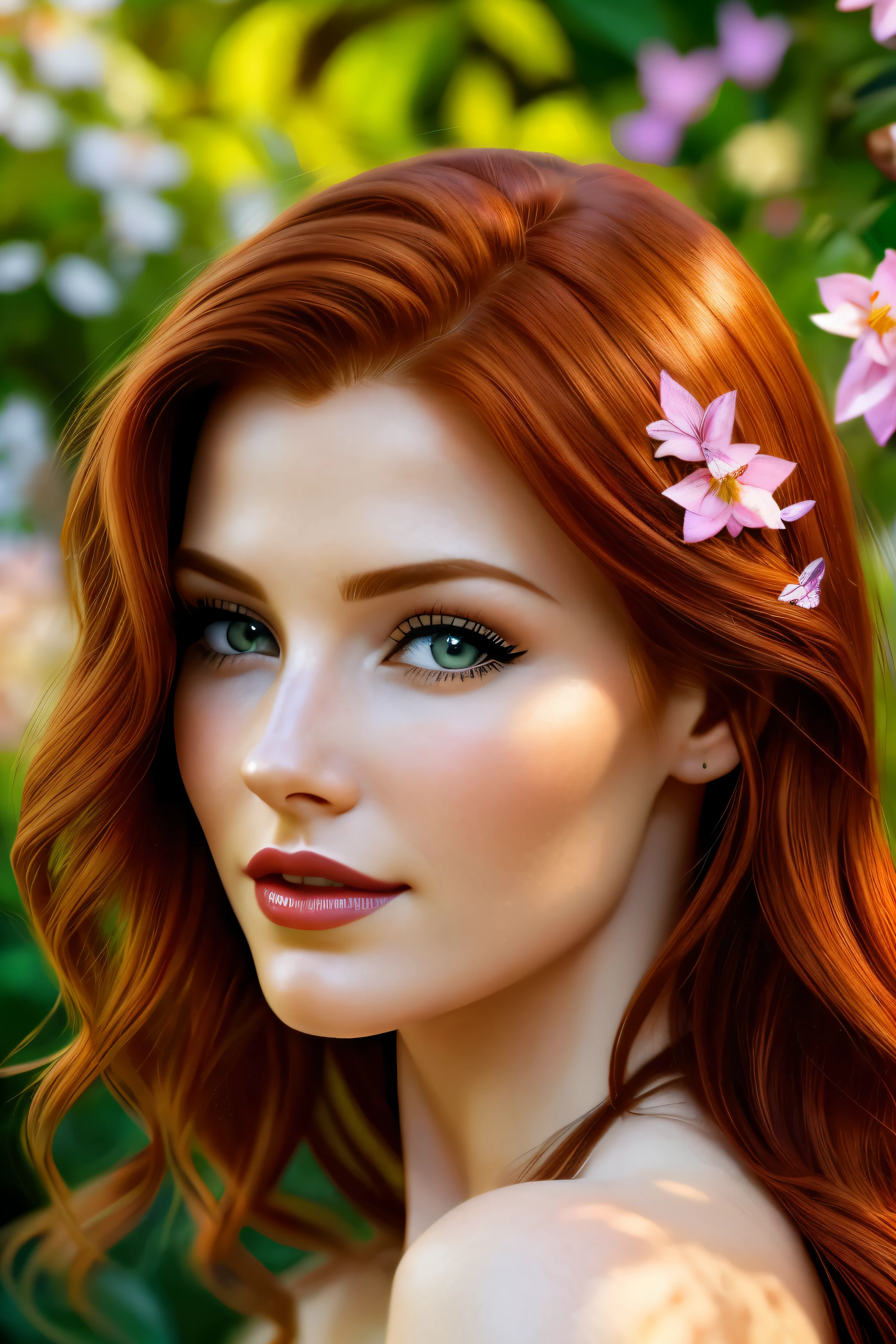 Triss Merigold face, detailed beautiful eyes, full red lips, extremely detailed facial features, long eyelashes, outdoor sunny day, warm sunlight, soft shadows, picturesque garden, vibrant plants and flowers, colorful butterflies, tranquil atmosphere, realistic portrait, high-resolution masterpiece:1.2, vivid colors, fine brushstrokes, natural skin tones, radiant complexion, professional lighting, dreamy ambiance, photorealistic rendering.