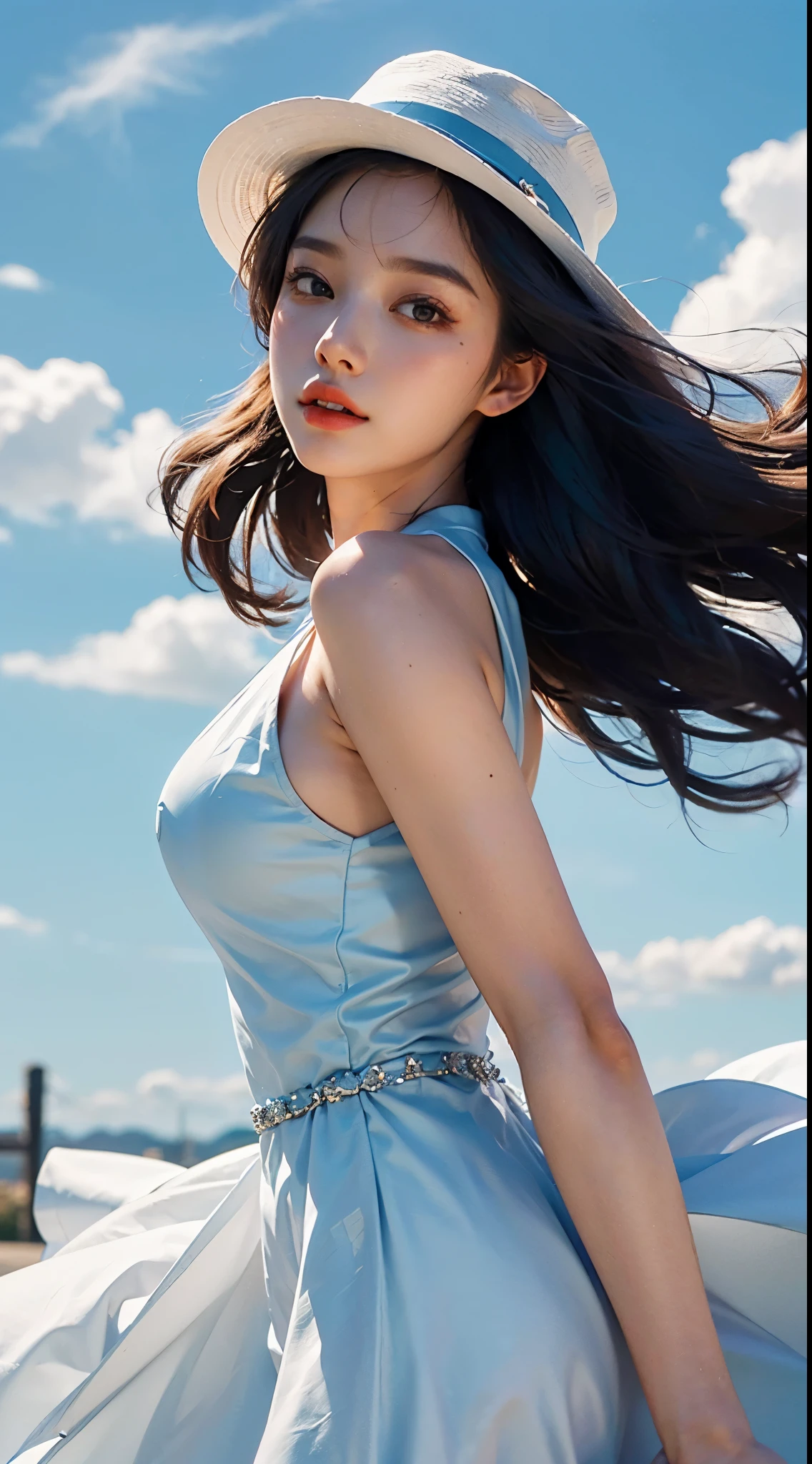 (8 thousand, RAW photos, photorealistic:1.25, masterpiece) ,( lip gloss, Eyelashes, glossy side, glowing skin, best quality, ultra high resolution, depth of field, chromatic aberration, caustic, wide light, natural shadows, hat, kpop idol) ,Light pink and black style, 1 woman, (blue sky: 1.5), Tall, skinny, beautiful goddess, flowing dress, conservative girl, cloud goddess, flowing white cloth, Wearing a flowing dress, realistic, (background with blue sky and white clouds: 1.4), (wind: 1.5), (whole body: 1.5), add_Detail,