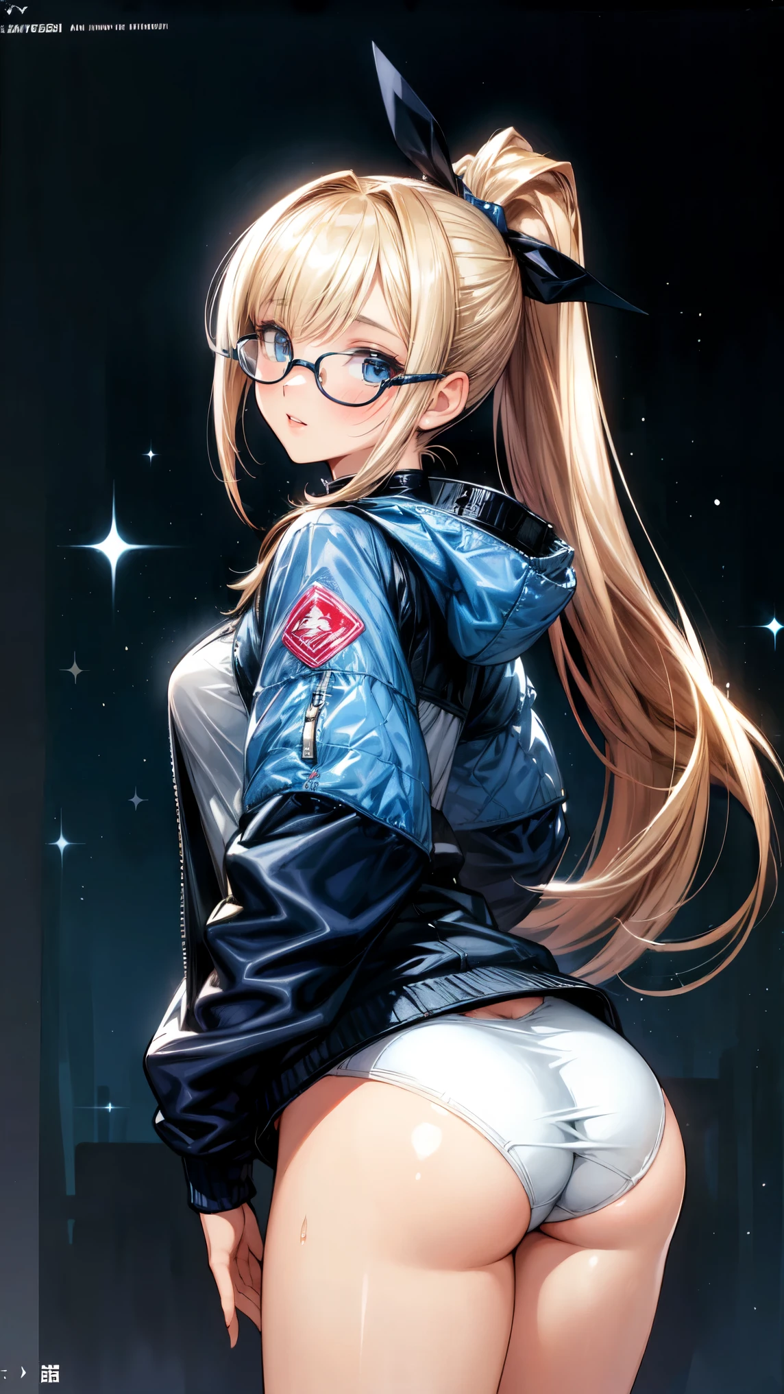 (masterpiece, best quality, ultra high res, beautiful detailed hair detailed face, perfect feminine face), cute anime girl in cyan winter jacket wearing, glasses, headset, oversize jacket, back view, diapers only, huge ass, blonde ponytail hair, black eyes, almond-shape eyes, big red lips, flushed, blushed, smiling, light particle, sparkling particle