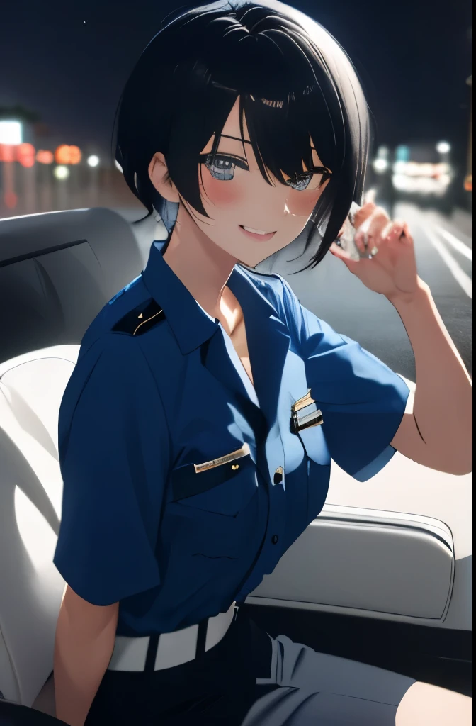 masterpiece, absurdres, perfect lighting, highres, best quality, 1girl, carinterior, police officer, blue clothes, handcuffs, night, flashing lights, black hair, shout,sitting, faster, speed, tokyo, steering wheel, from side, blush, smile, holding