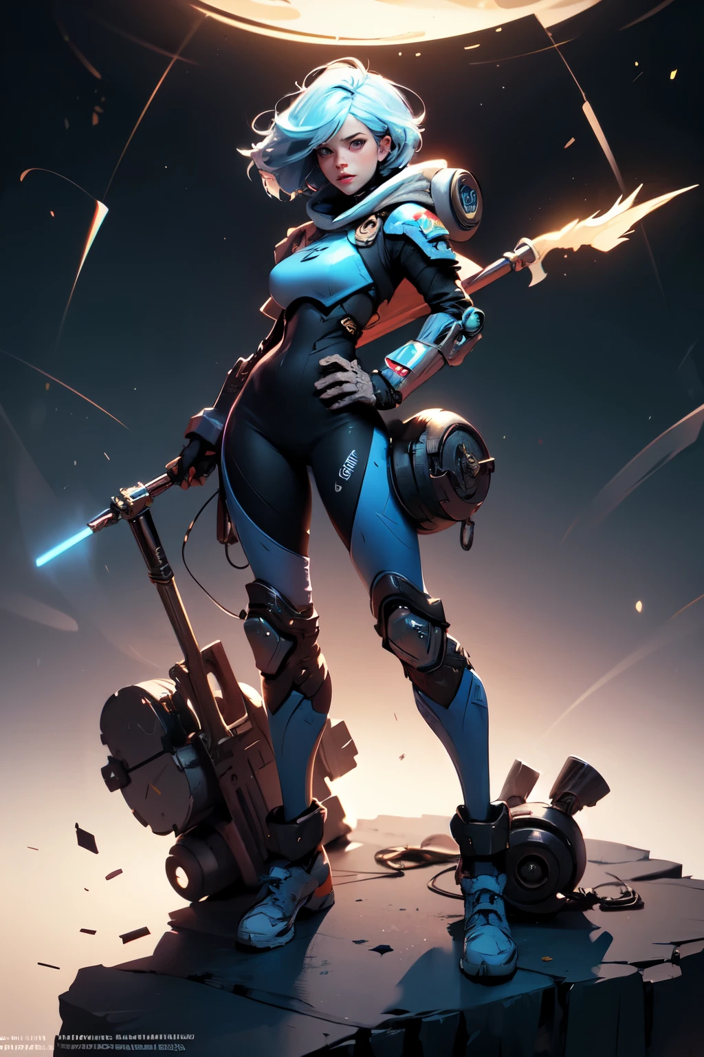 ((Mejor calidad)), ((Obra maestra)), (detallado), cara perfecta, 1girl, sologirl, tight space suit, cuerpo perfecto, ojos azules, messy blue hair, piernas perfectas, full body illustration, intrincate light pattern, warhammer style