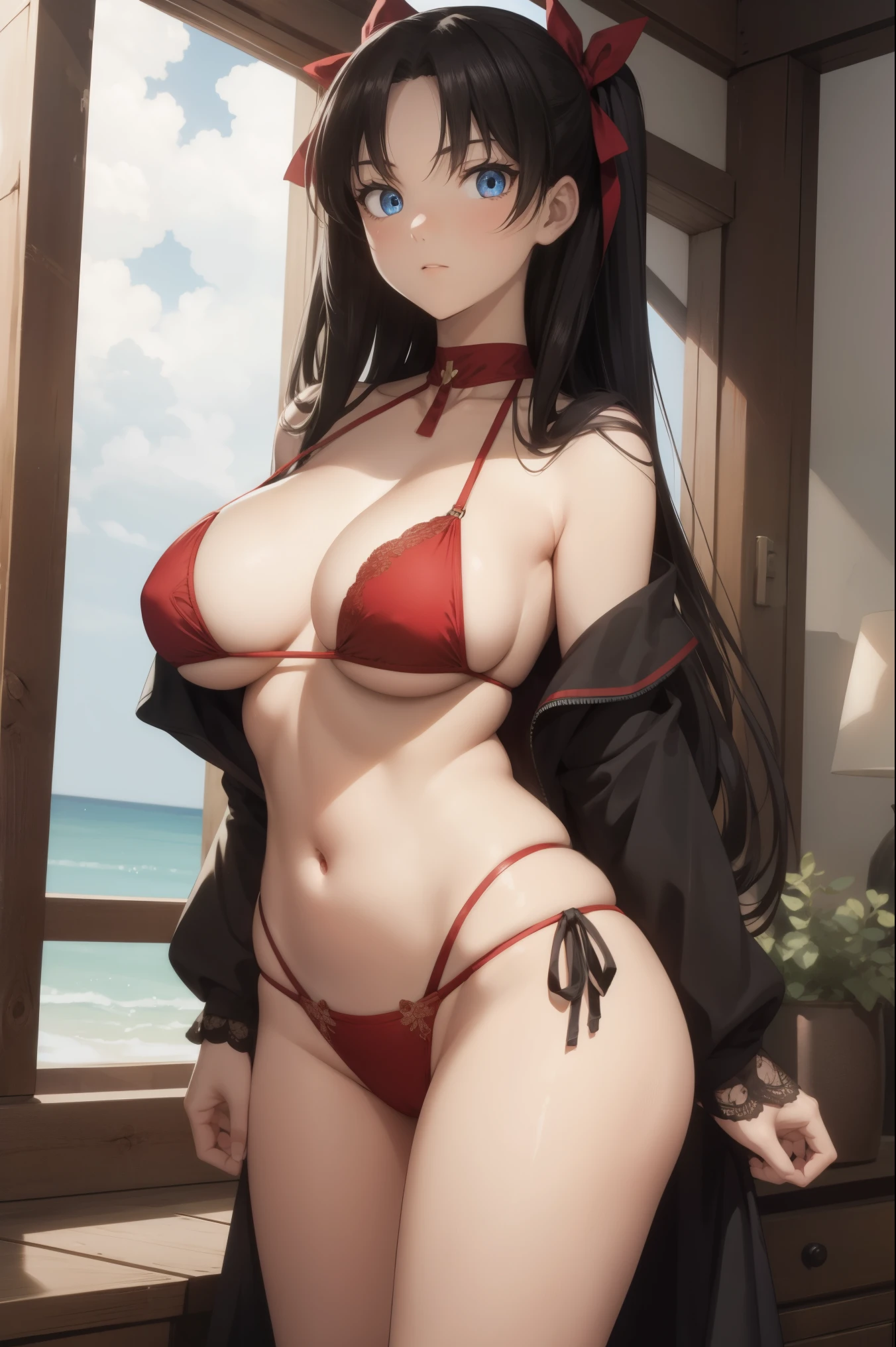 rintohsaka, rin tohsaka, aqua eyes, black hair, hair ribbon, long hair, ribbon, sidelocks, two side up, (big breast:1.2),
BREAK bikini
BREAK outside, beach,
BREAK looking at viewer, BREAK (masterpiece:1.2), best quality, high resolution, unity 8k wallpaper, (illustration:0.8), (beautiful detailed eyes:1.6), extremely detailed face, perfect lighting, extremely detailed CG, (perfect hands, perfect anatomy), cowboy shot, full body