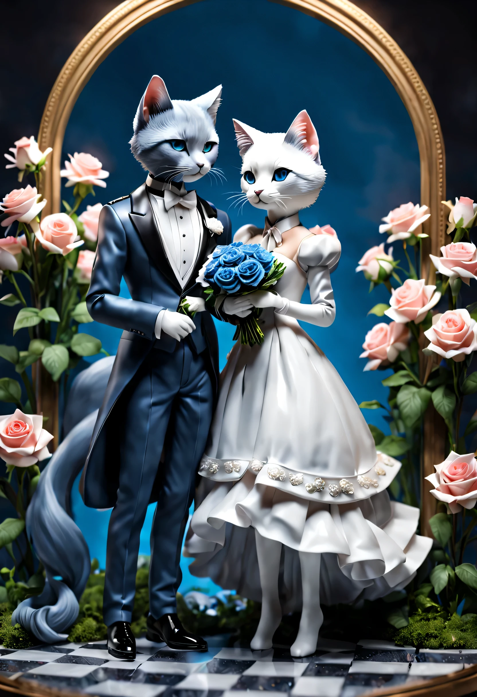 Full body Esbian、cool russian blue、pop russian blue、diorama、simple background、background white、tuxedo、bouquet of roses, highest quality, Capture the cutest moments, written boundary depth, Super detailed, ultra high resolution, octadale, 8k, 16km race