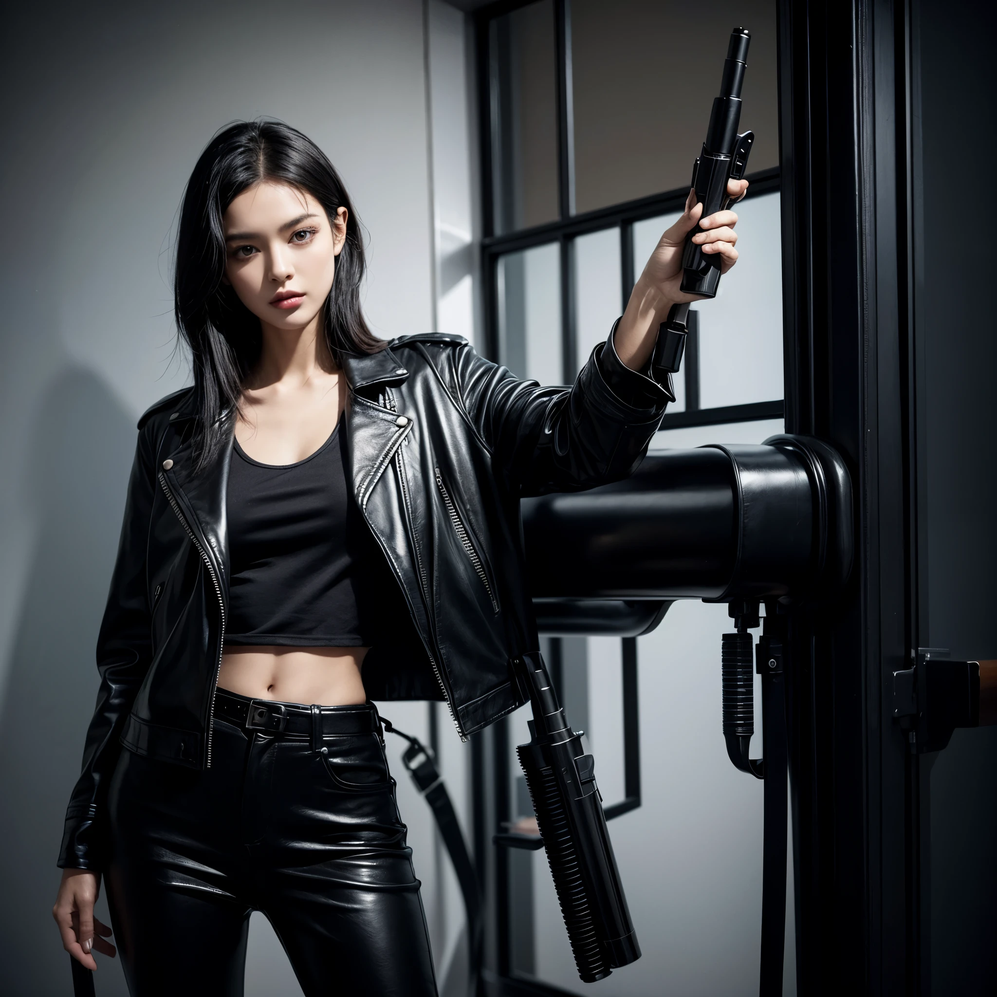 black hair, wearing a black leather jacket,skin glossy,standing and holding a gun,Surrealism, 8k, super detail