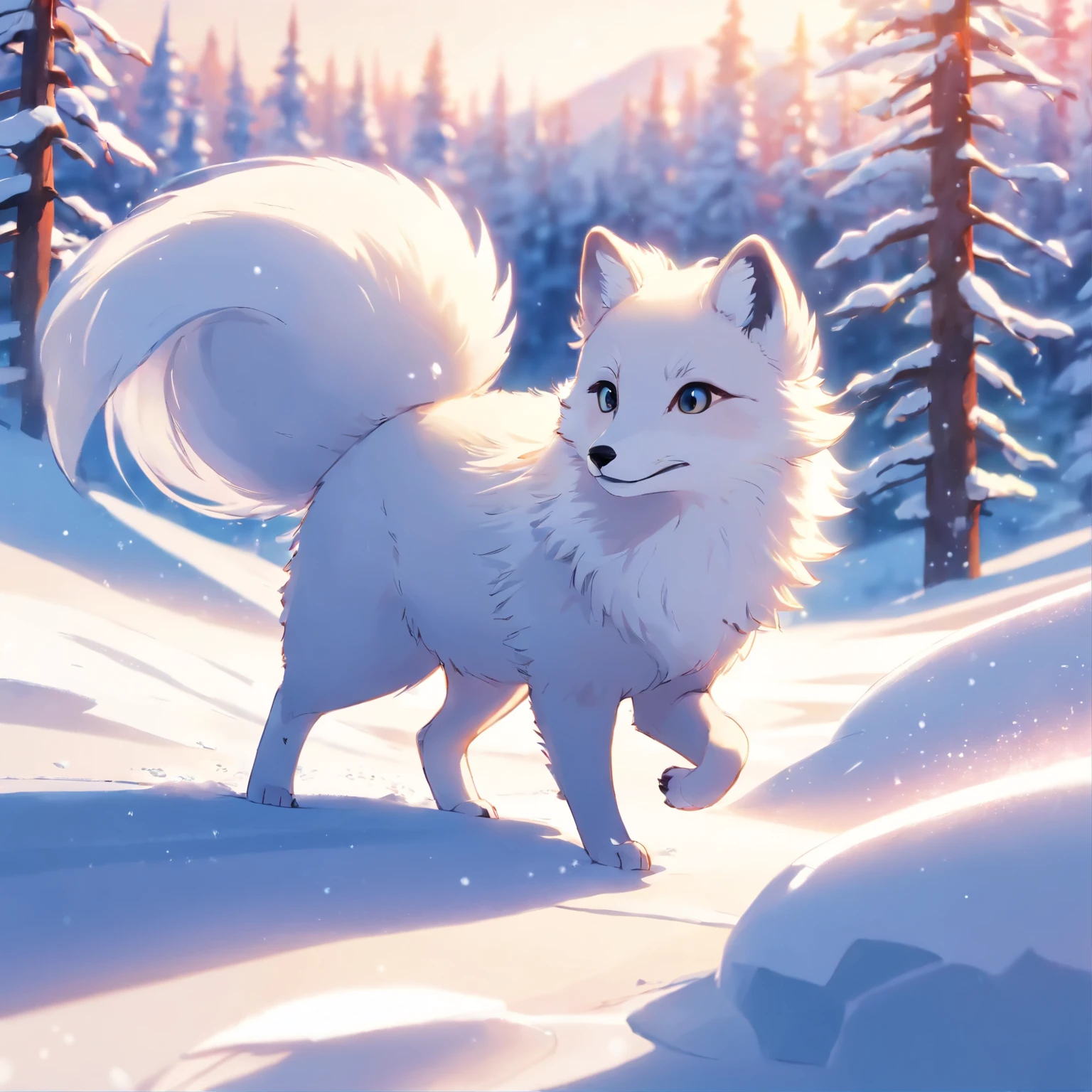 An arctic fox playfully frolicking in the pristine snow, with its fur glistening silver under the sunlight, set against a tranquil snowscape with a row of elegant snow-covered pines in the background, high-definition image, quality photograph, lifelike rendering, vivid colors, sharp details, in the style of National Geographic.