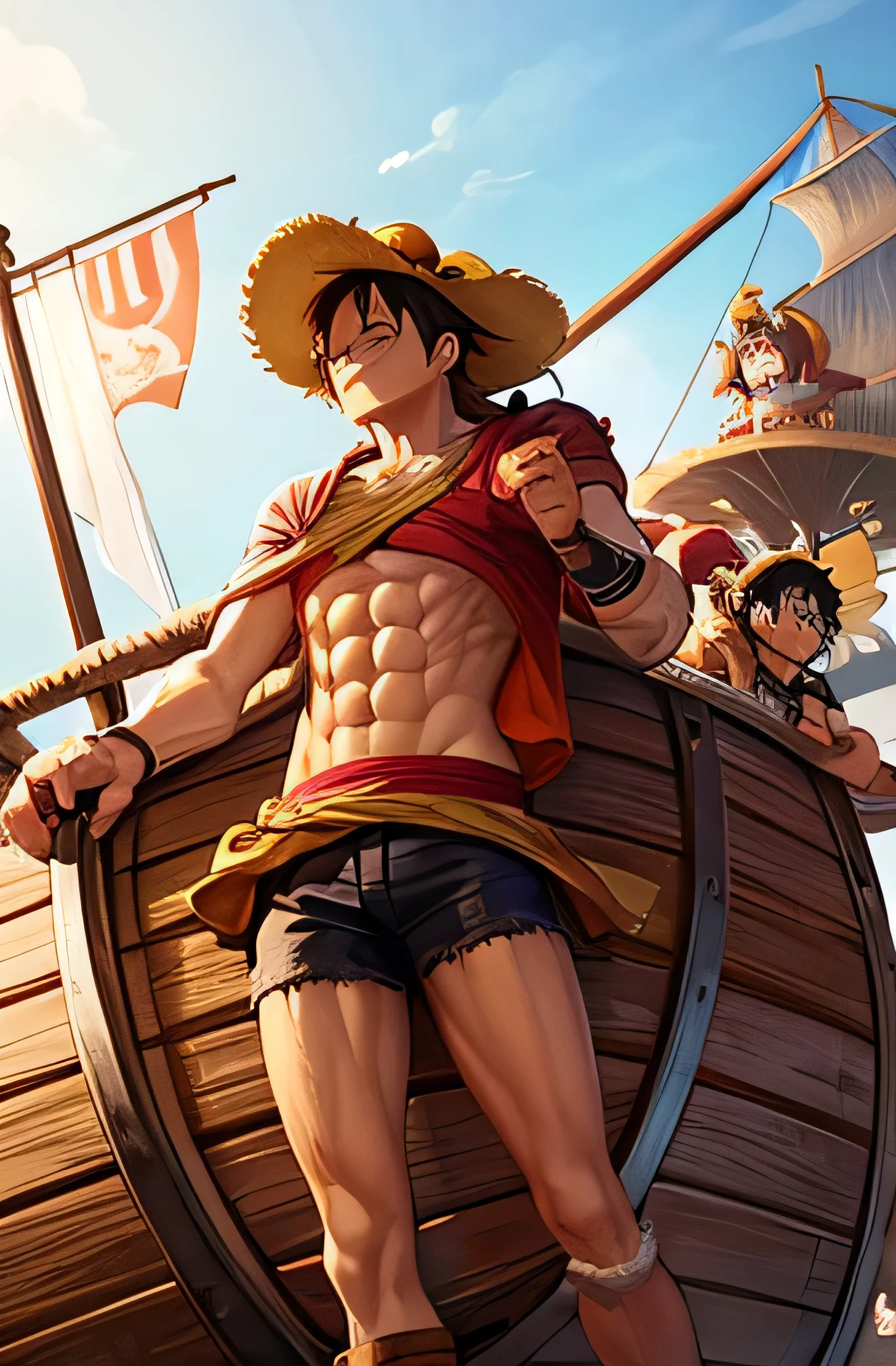 Monkey. D. Luffy on his pirate ship with zoro, nami, usopp, sanji, chopper, robin, franky, and brook