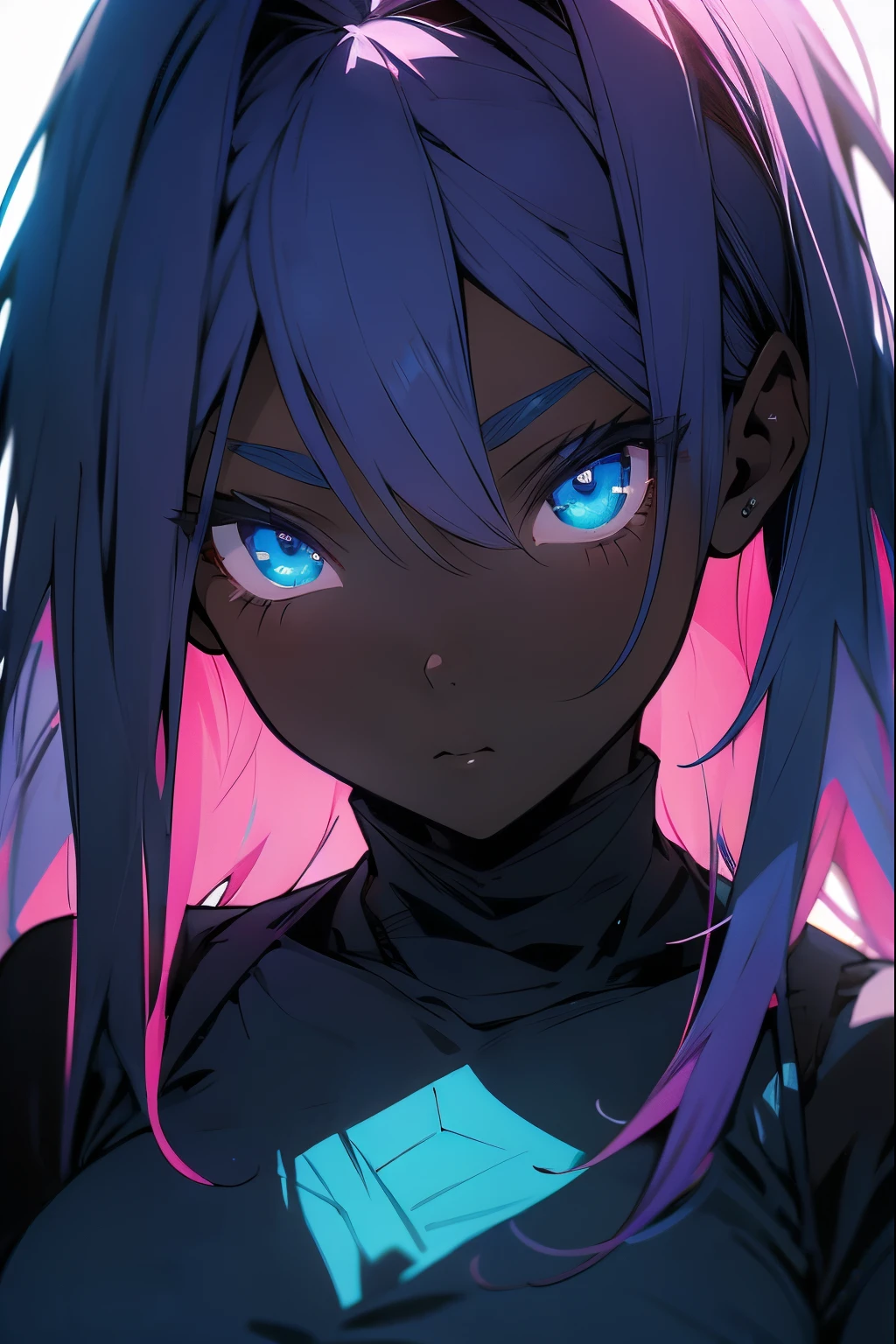 Dark skin tone mi surprise with a  girl with pink hair with charcoal brown skin, e com casaco azul e rosa  com uma saia  azul e com meias longas azul com  olhos azuis com qualidade anime 2D