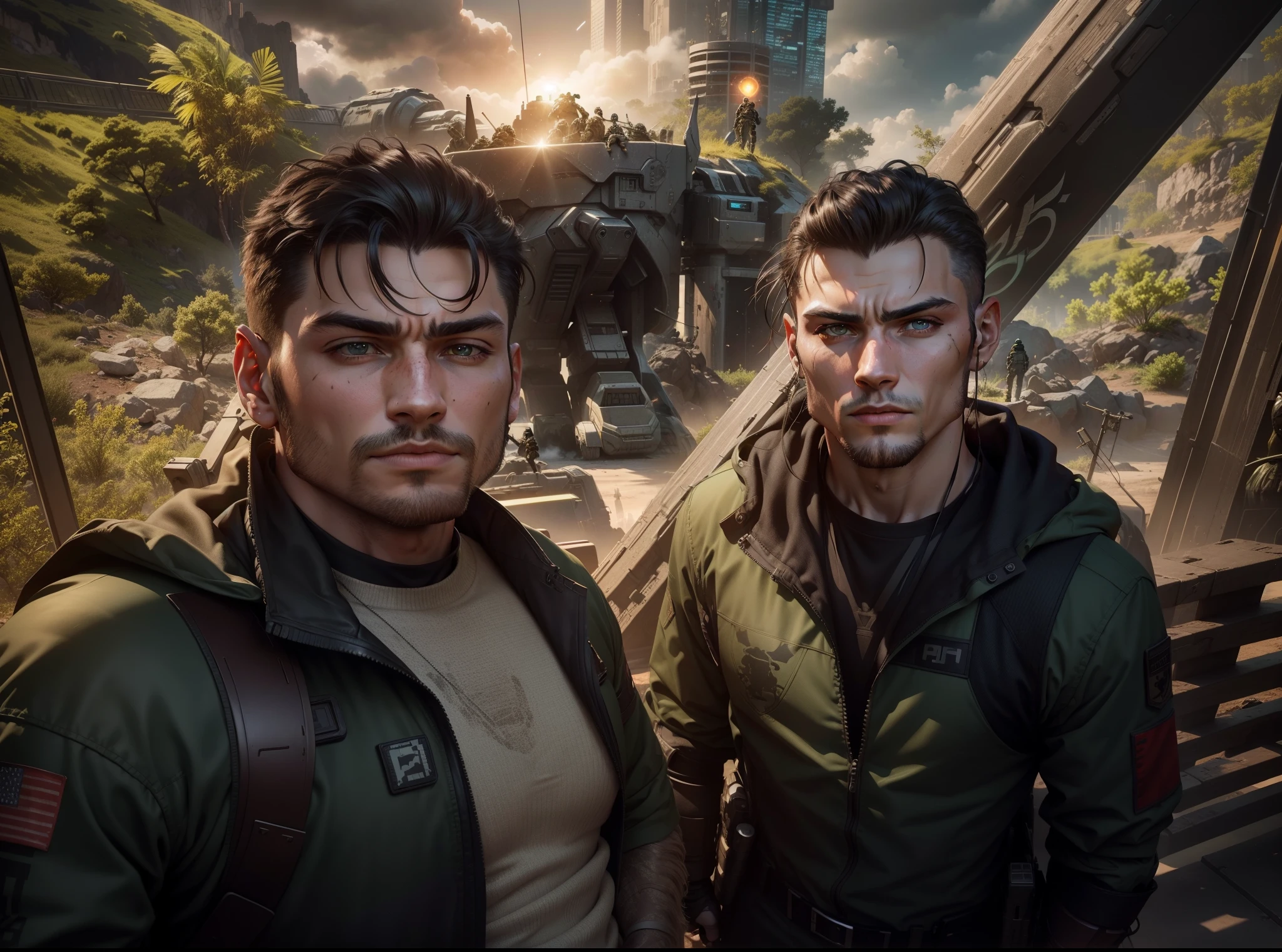 soldiers, cyberpunk warriors, aliens on background, alien ships, handsome, realistic