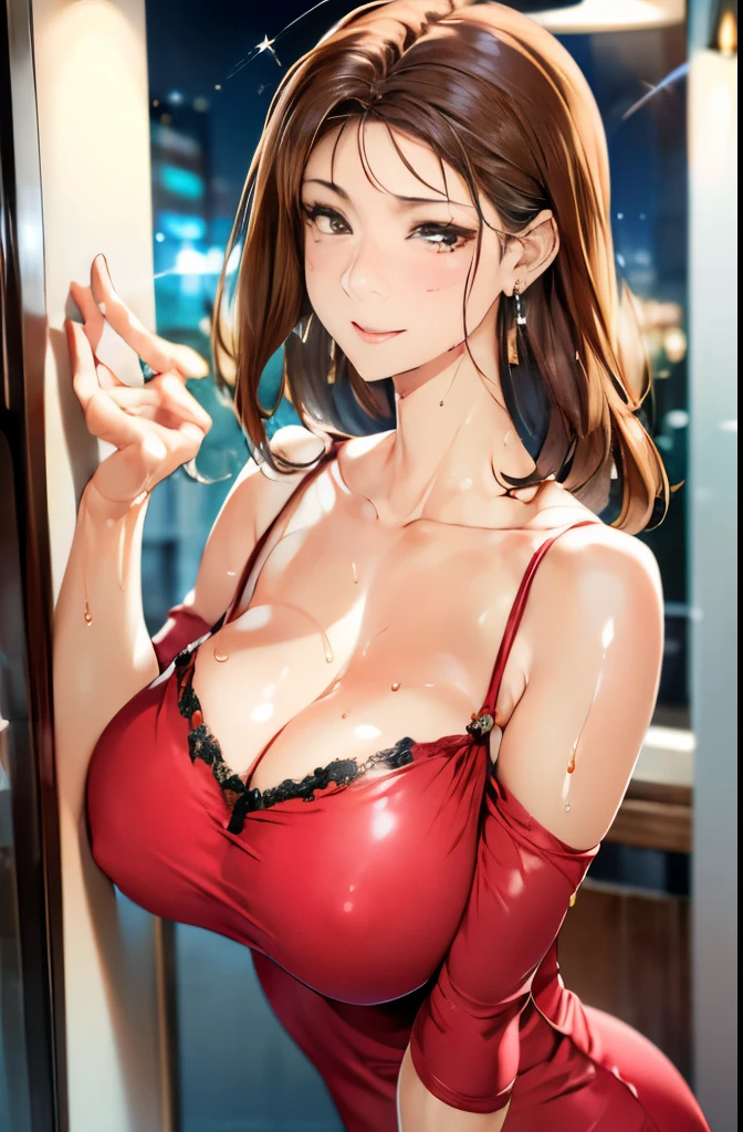 8k, RAW photo, fujifilm, Beautiful 45 year old woman style photo, square face, red rose on neck, wearing a red and black lace dress, gold earrings, Strong features like a spinning pigeon, (highly detailed skin: 1.2), light medium brown hair, film grain, 35mm, cute style、(((dripping sweat、oil skin,sparkling skin、realistic skin texture、detailed beautiful skin、shiny skin、shiny skin)))