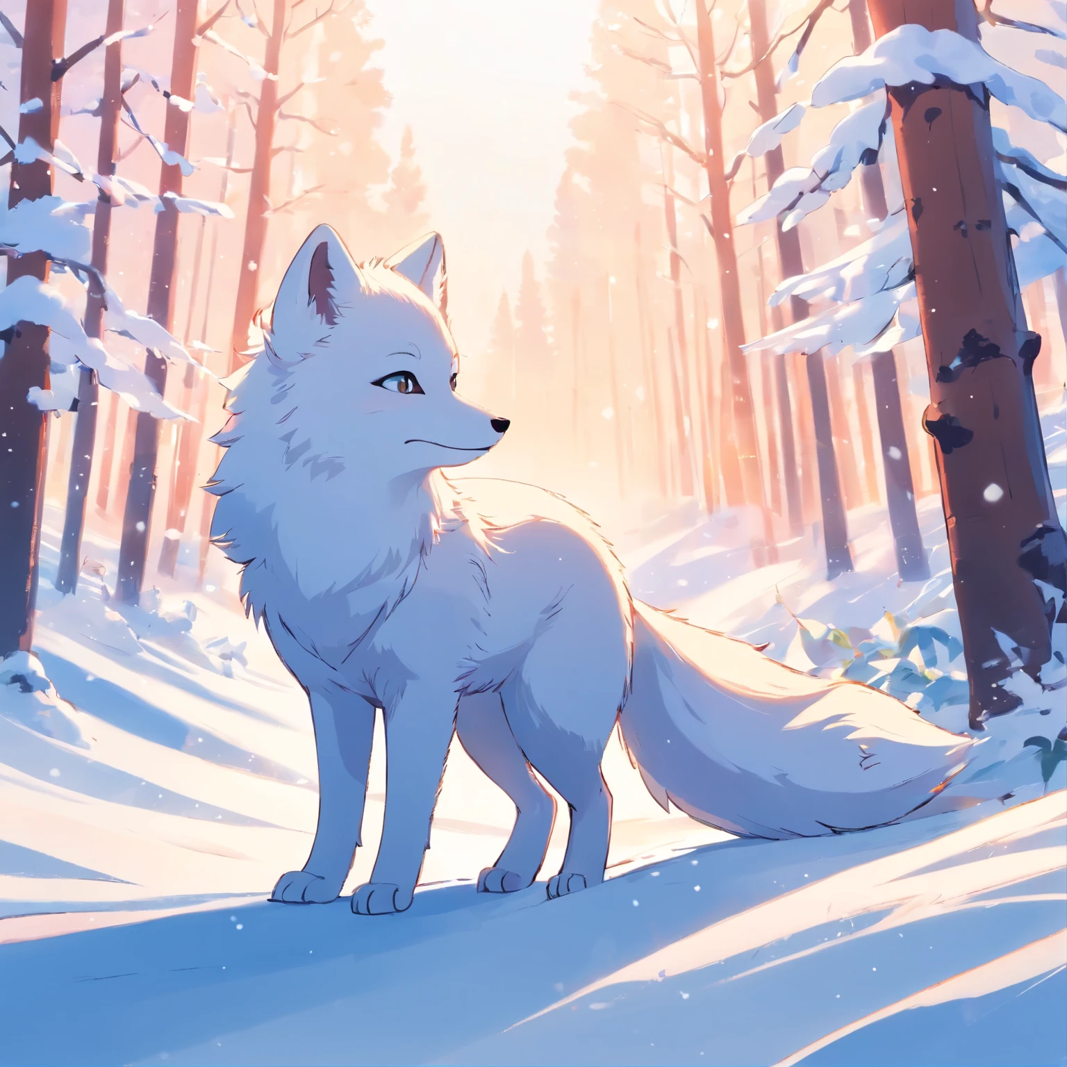 An arctic fox plays happily in pure white snow,Its hair shines silvery white in the sun,Surrounded by quiet snow scenery,There is a neat row of cedar trees behind the fox。