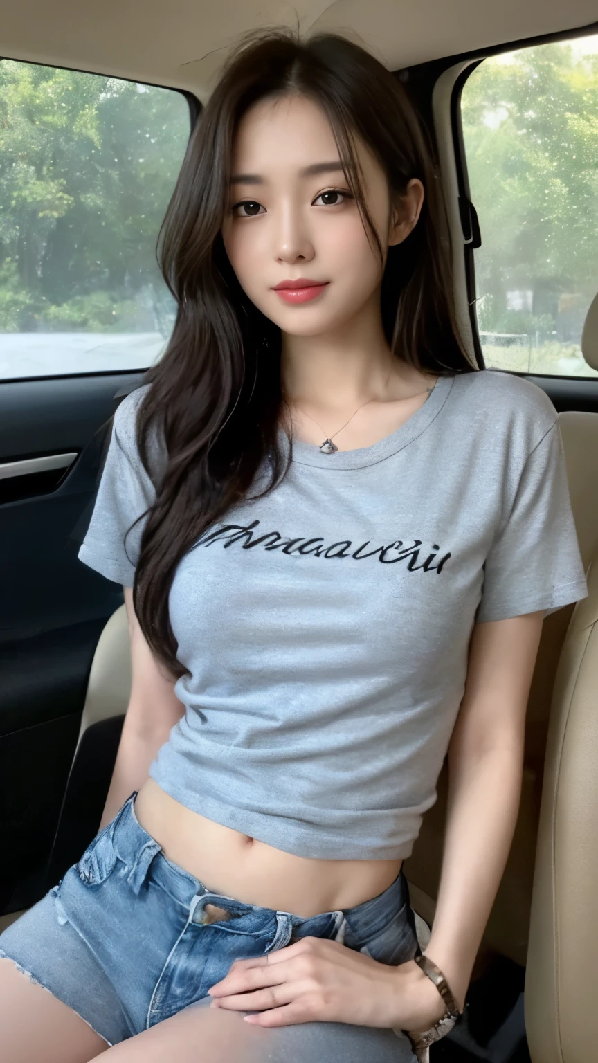 ((top-quality、8k、masterpiece:1.3))、Beautiful woman with perfect body:1.4、slim abdomen:1.2、Longhair, normal breast, Highly detailed facial and skin texture, A detailed eye, delicate eyes, double eyelid, (smile), (full body shot), ((in the car 1.1)), (sitting in the car), (((wearing casual t-shirt)), looking in front