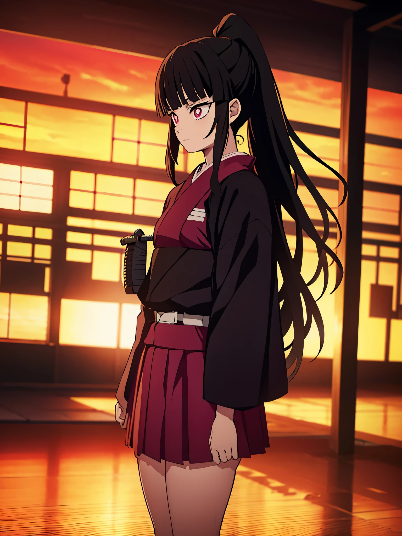 Black woman, one woman, long hair, black hair, hair in ponytail, bangs, kimetsu no yaiba art style, kimetsu no yaiba hashira uniform (short skirt, katana belt, sunset style kimono), dark color uniform, (katana in hand), pretty hands, pretty ombre eyes, pretty round face, sun, sunset, field background.