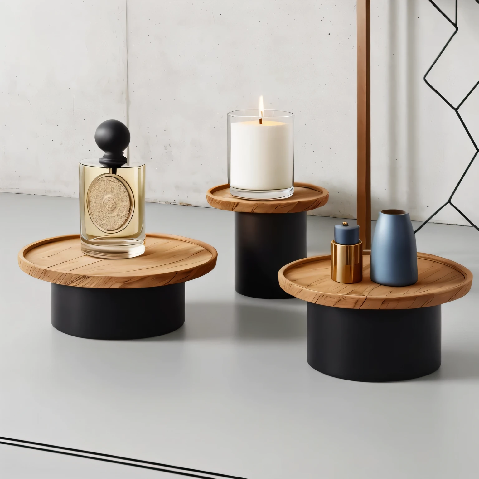 There are three bottles of perfume on the shelf next to the candle, random round platforms, EUR, banal object on a pedestal, wooden platform, Blood vessel, mixed art, Still photography, Beautifully coordinated, There is an ashtray on it, very award - winning, Eero today, on wooden pallet, round, Product Showcase, K