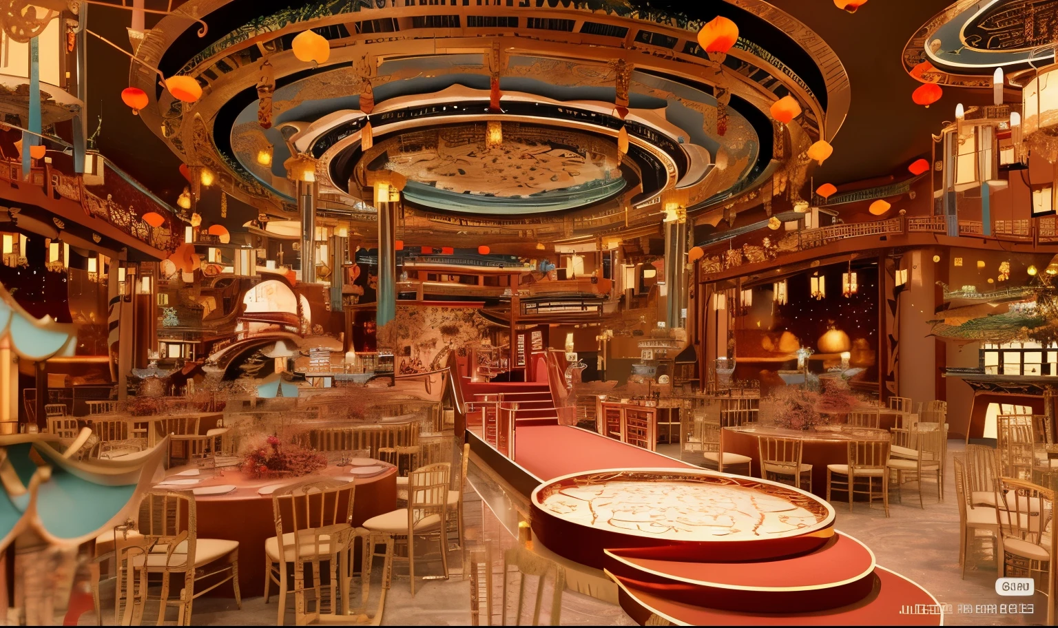  Gorgeous wedding banquet hall, Beautiful rendering of the Tang Dynasty, fine dining restaurant, wonderful masterpiece, Intricate sparkling atmosphere, fantastic environment, expensive restaurant,  charming surroundings, beautiful high resolution, chinese palace, Highly ornate, Disney fantasy style, Fantastic atmosphere and drama,