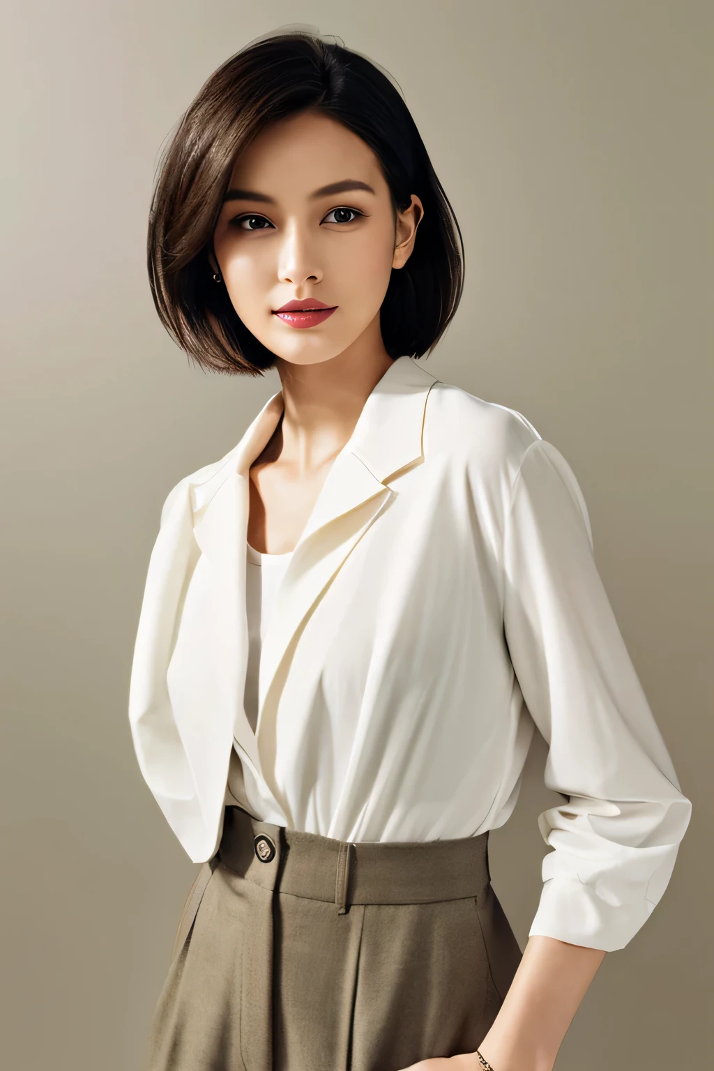 ((masterpiece, high quality, High resolution)), 1 female, (realistic: 1.4), Japanese, 20-year-old。her hairstyle is、A chic and stylish short cut that embodies a mannish aesthetic..、Features subtle highlights that add depth and character。Her face has sharp and stylish features.、Exudes confidence and modern elegance、Light smoky eye makeup and neutral matte lipstick highlight her natural beauty。。The background is a pure white studio、Professional, Soft, balanced lighting casts a gentle glow on her skin、Highlight features while avoiding creating harsh shadows。she looks directly into the camera、Straight posture and confident posture、But it was relaxing、Her hands are、Carefully tucked into the pocket of tailored high-waisted trousers。, Contributes to a mannish and sophisticated impression.。Her outfit includes:、Add a playful touch to a mannish theme、Includes a slightly oversized crisp white button-up shirt.、It's neatly tucked into my pants、combined with sophisticated, The overall impression is that of minimal leather shoes.、Effortlessly chic, Combining masculine and sophisticated elements, stylish elegance。((close up of face)), (Draw the entire head and shoulders),
