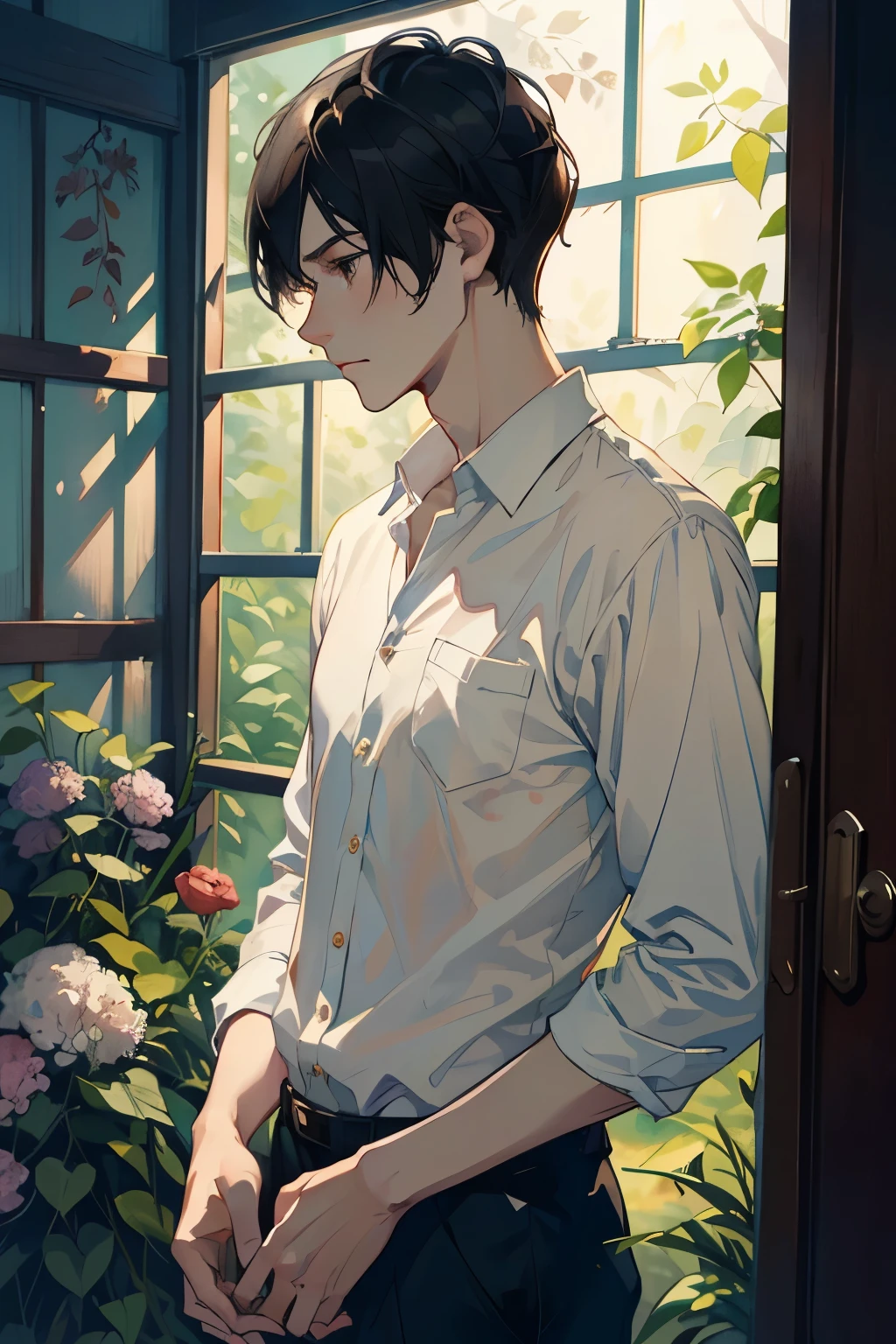 (exceptional, best aesthetic, new, newest, best quality, masterpiece, extremely detailed), 1man,male focus,watercolor painting,slender,short hair,black hair,white shirt,nervousness,brown eyes,simple shirt, garden,night,30years old,gentle,