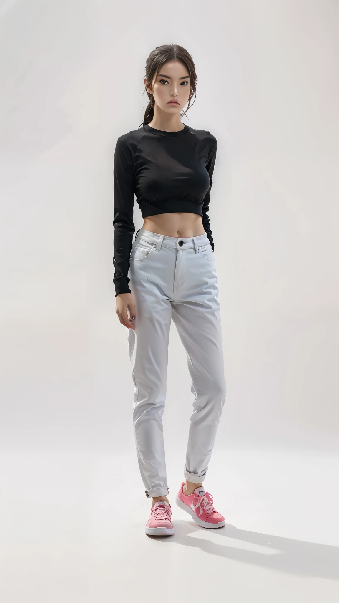 16K, Masterpiece, photorealism, A girl walks to her full height, a girl with dark long hair, a girl dressed in a white top, light jeans, white sneakers, white background,