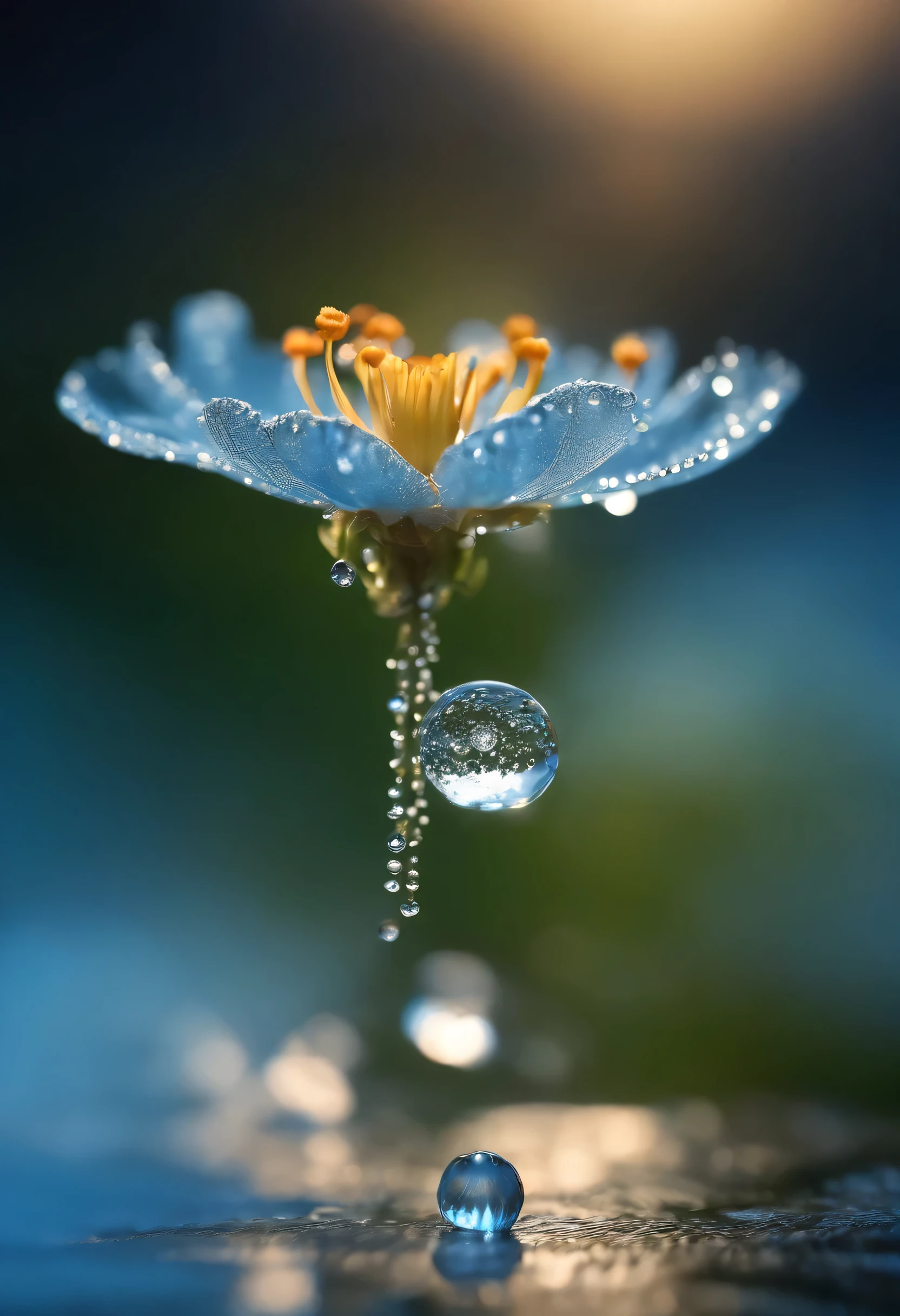 Microcosm , masterpiece , macro photography , cobweb, film grain, Bokeh , Very detailed, sunny weather sunny weather, micro flower, water droplets, vague, Realistic close-up of crystal flower, sky blue background, soft contrast, Rendered by Octane , Unreal Engine