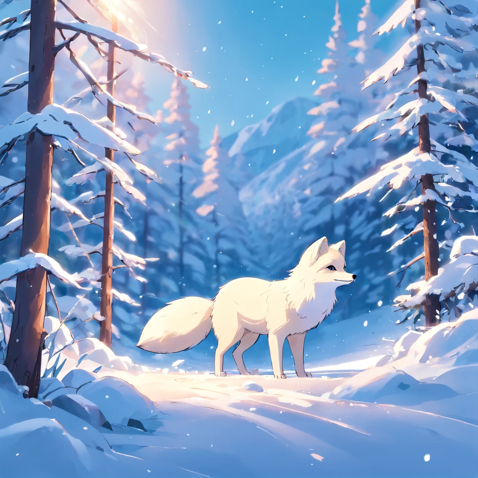 An arctic fox plays happily in pure white snow,Its hair shines silvery white in the sun,Surrounded by quiet snow scenery,There is a neat row of cedar trees behind the fox。