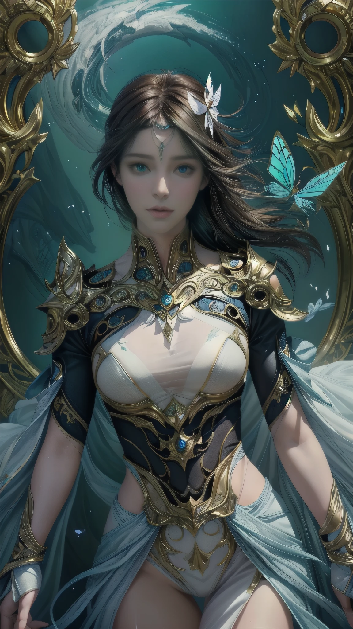 upper body,8k portrait of beautiful robot with brown hair, iintricate, Elegant, The is very detailed, A majestic, digital photography, artgerm、surreal painting gold butterfly filigree by ruan jia and greg rutkowski, brokenglass, (tmasterpiece, Sideslit, Delicate and beautiful eyes: 1.2), HighDynamicRange, (Detailed background window for the new dimension, plants and flowers:0.7) unlimited, Infinity symbol,