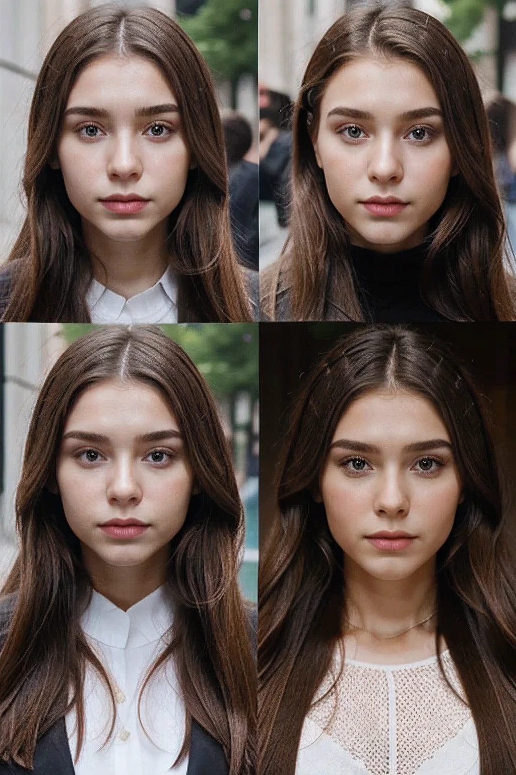 Grid of 4 images of the same young Russian influencer with 4 different expressions with long hair balayage