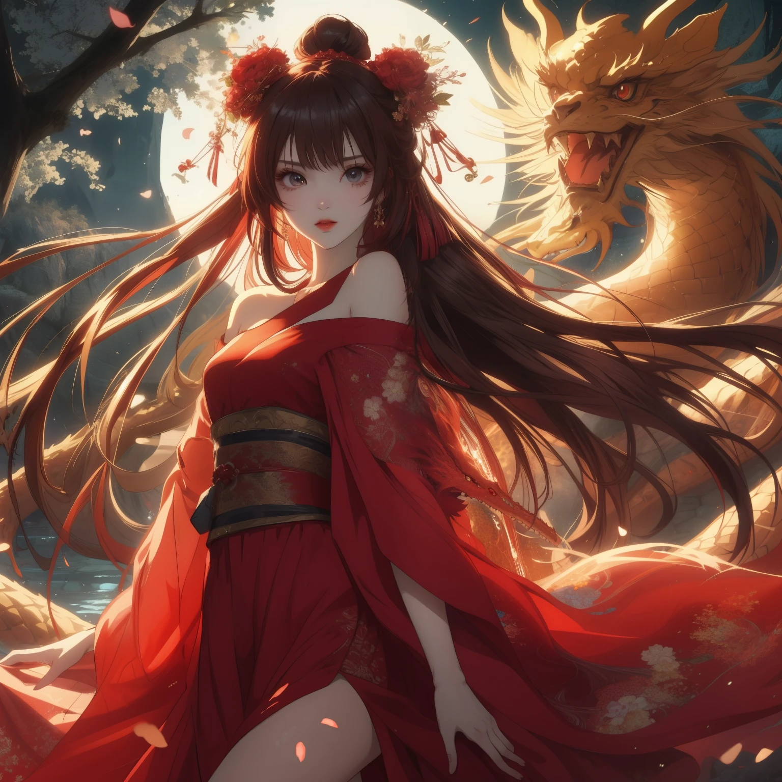A woman in a red dress stands next to a dragon, anime style 4k, anime art wallpaper 8k, Anime Art Wallpaper 4k, anime art wallpaper 4k, anime wallpaper 4k, anime wallpaper 4k, Beautiful fantasy anime, 4k anime wallpaper, beautiful anime girl, anime long hair girl, Anime fantasy artwork, Beautiful anime woman