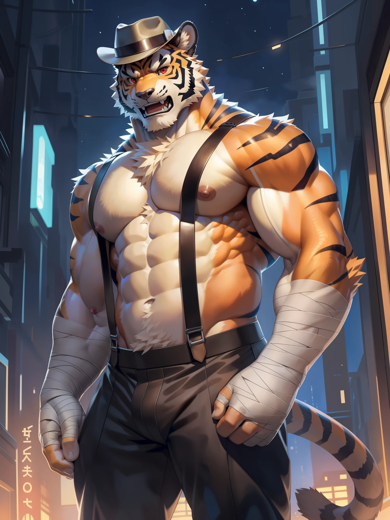 solo,anthro,furry,furry male,Orange Tiger,((fluffy fur,fluffy,furry body)), black stripes, Tiger print), Orange body,red eyes,black smokey stripes,tail,detailed fluffy fur,detailed face,detailed eyes, beige chest, beige abs, (huge pectorals:1.2),bare chest,(nipples),(hand wraps:1.3),full body,suit pants, wrist wraps, Suspenders, cyberpunk,(by null-ghost,by raccoon21,masterpiece,high quality,hi res,8k hd),standing,close-view portrait,looking at viewer,night,indoor, open arms,open mouth,angry, fedora,