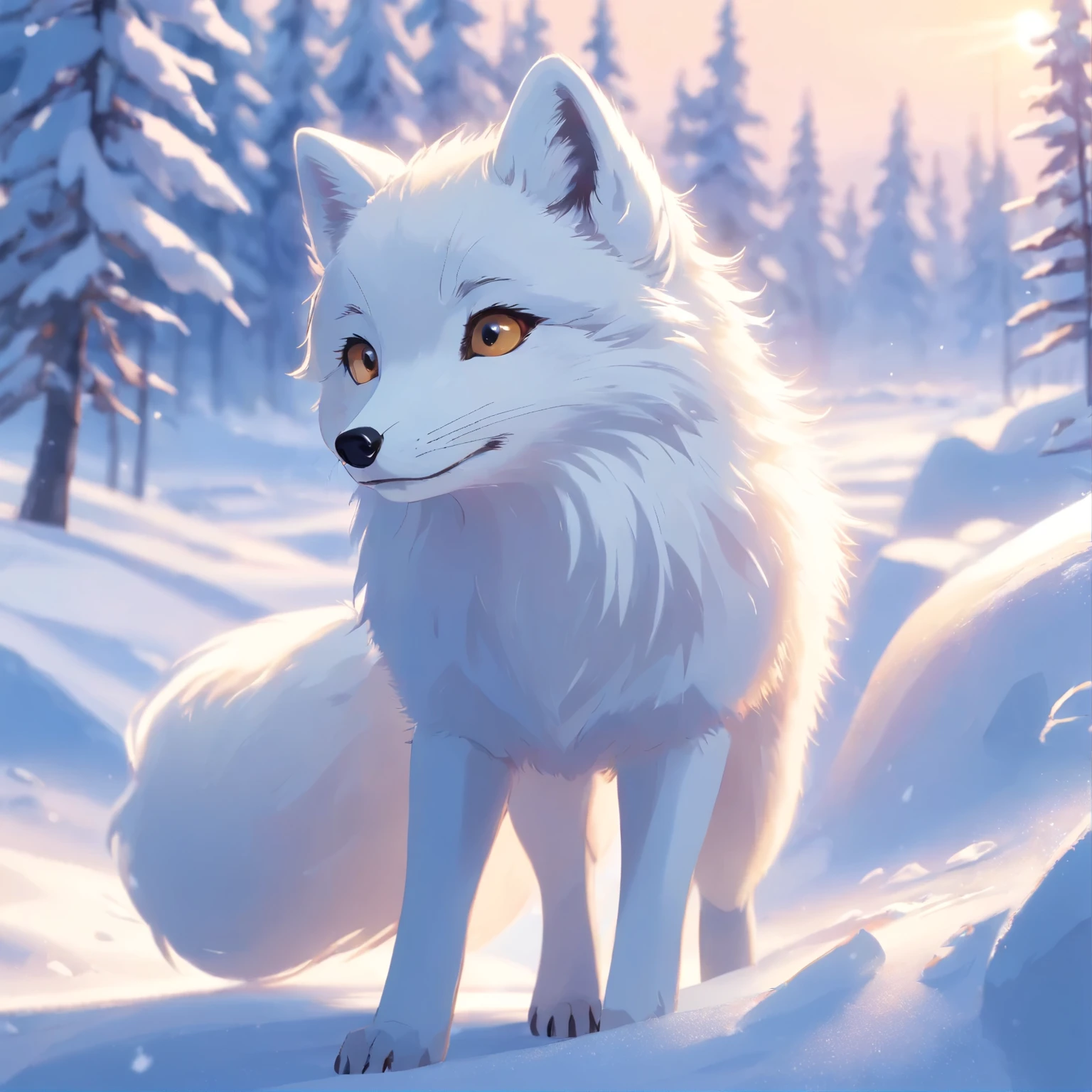 A male arctic fox，Play happily in the pure white snow。Its hair shines silvery white in the sun，It's particularly dazzling。Surrounded by quiet snow scenery，There is a neat row of cedar trees behind the fox，Adds a beautiful background to the picture。high detail、super quality、high resolution、1080p picture，Let people feel the unique charm and natural beauty of the Arctic fox。The fox&#39;s furry tail and sharp claws are also particularly eye-catching。its gray skin and gray ears and golden eyes，Adds many unique features to this arctic fox。A lonely fox plays in the snow，Showing a  and beautiful feeling。