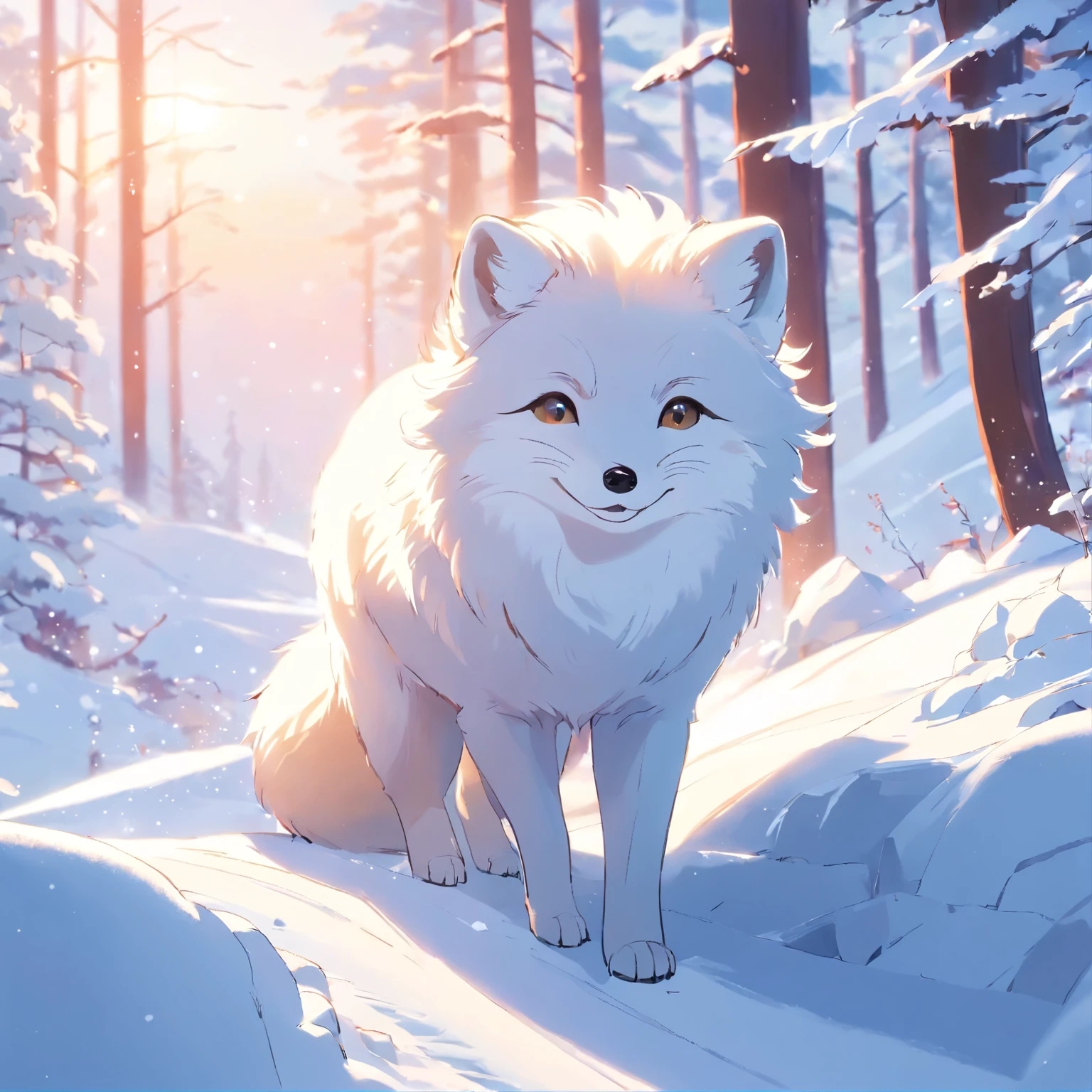 An arctic fox plays happily in pure white snow，Its hair shines silvery white in the sun，Surrounded by quiet snow scenery，There is a neat row of cedar trees behind the fox。