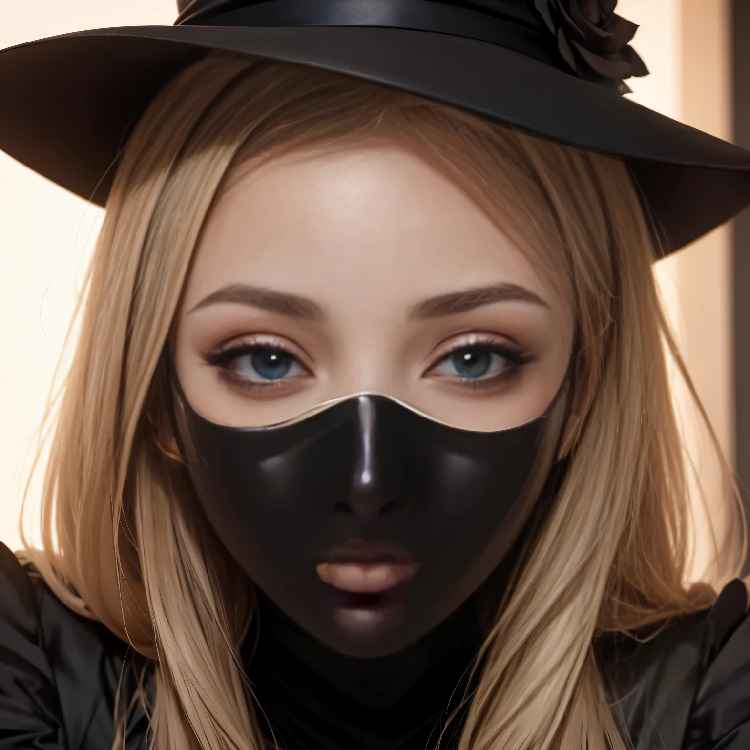 Close up shot of a seductive woman's face, rosy cheeks, mysterious allure, black mask accentuating her captivating eyes.