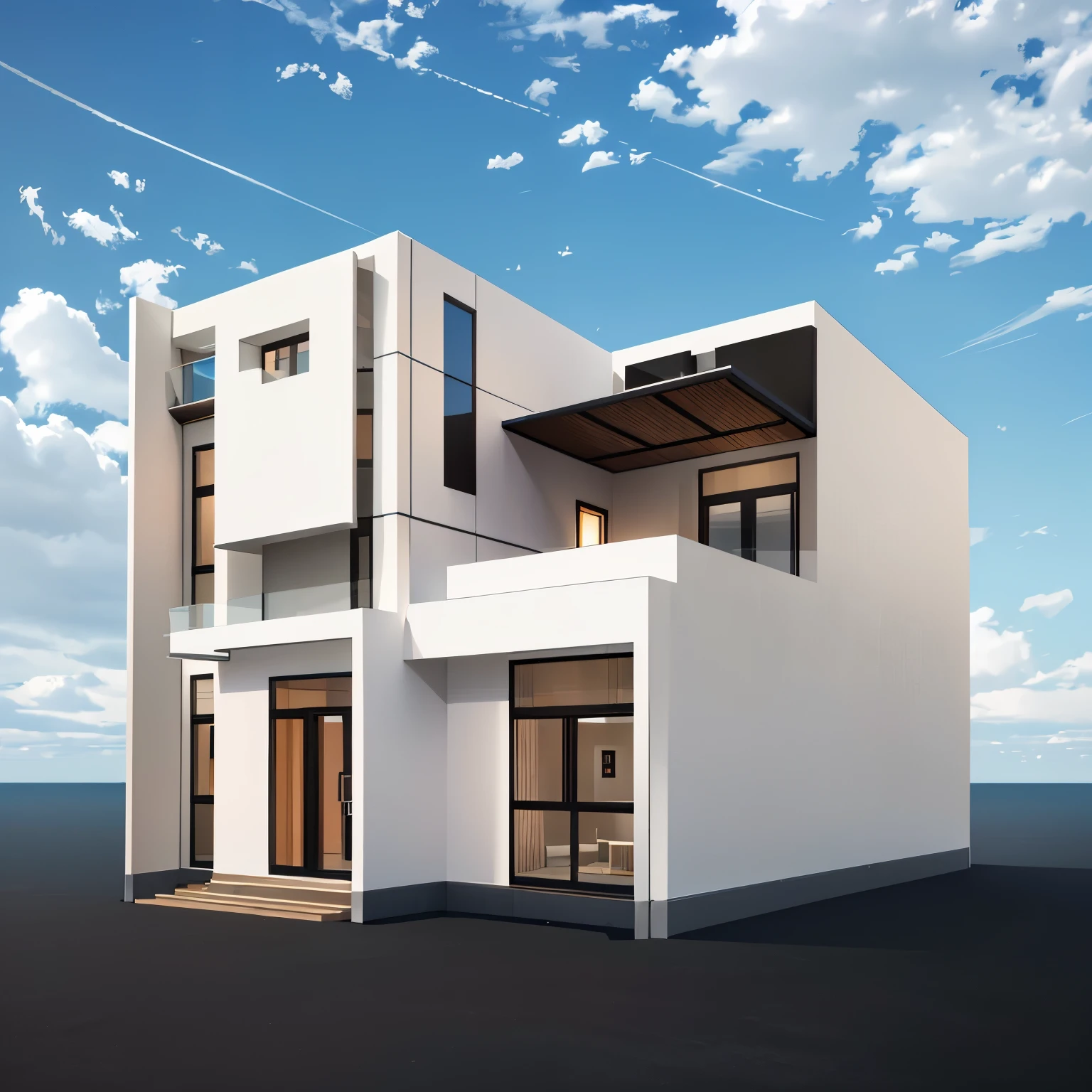 a rendering of a maison moderne with a lot of windows, dans le style du réalisme simplifié, complete house, rendu 3D, Rendu 3D, 3/4 realistic views, rendu tout blanc, detailed rendering, rendu 2D complet, maison contemporaine, 3/4 vue du dessous, moderne minimaliste f 2 0, maison conceptuelle, maison moderne, Point de vue de face, vue de face